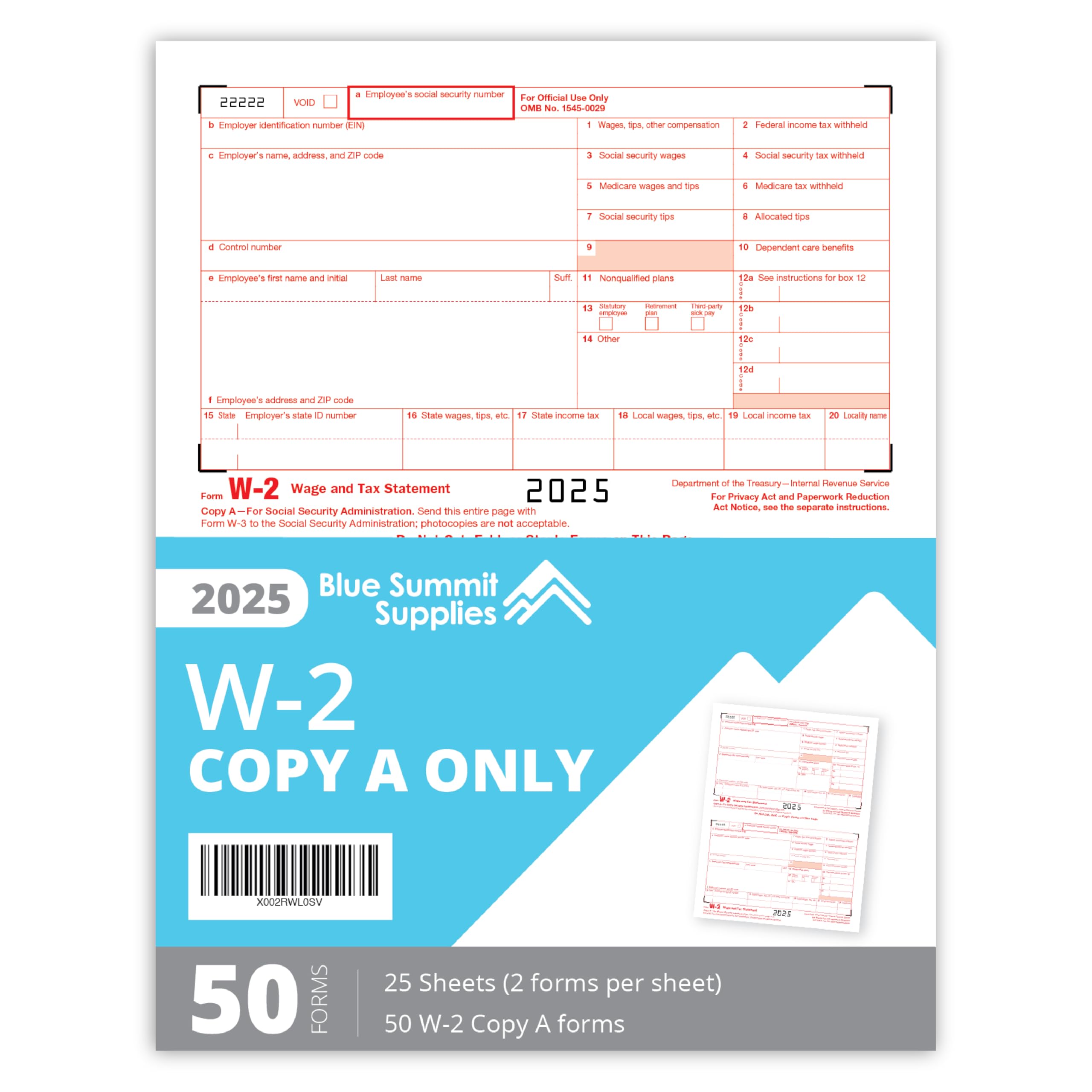 Blue Summit Supplies 50 W2 Forms Copy A 2025, W2 Forms 2025 Red Copy, Tax Forms, Designed for QuickBooks and Accounting Software, 50 Forms (25 Sheets,