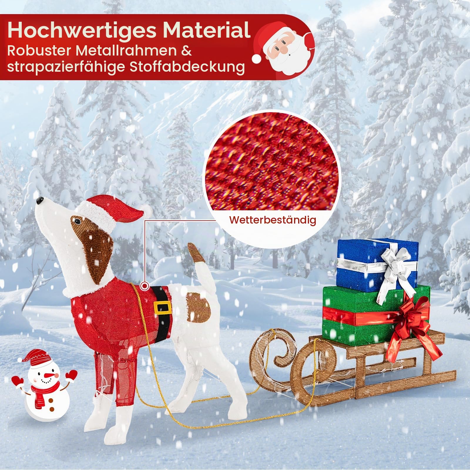 FANTASK Hundeschlitten und Geschenkbox mit 170 warmen LED-Lichtern, Weihnachtsdeko Hund mit Schlitten, Weihnachtsdekoration für außen und innen