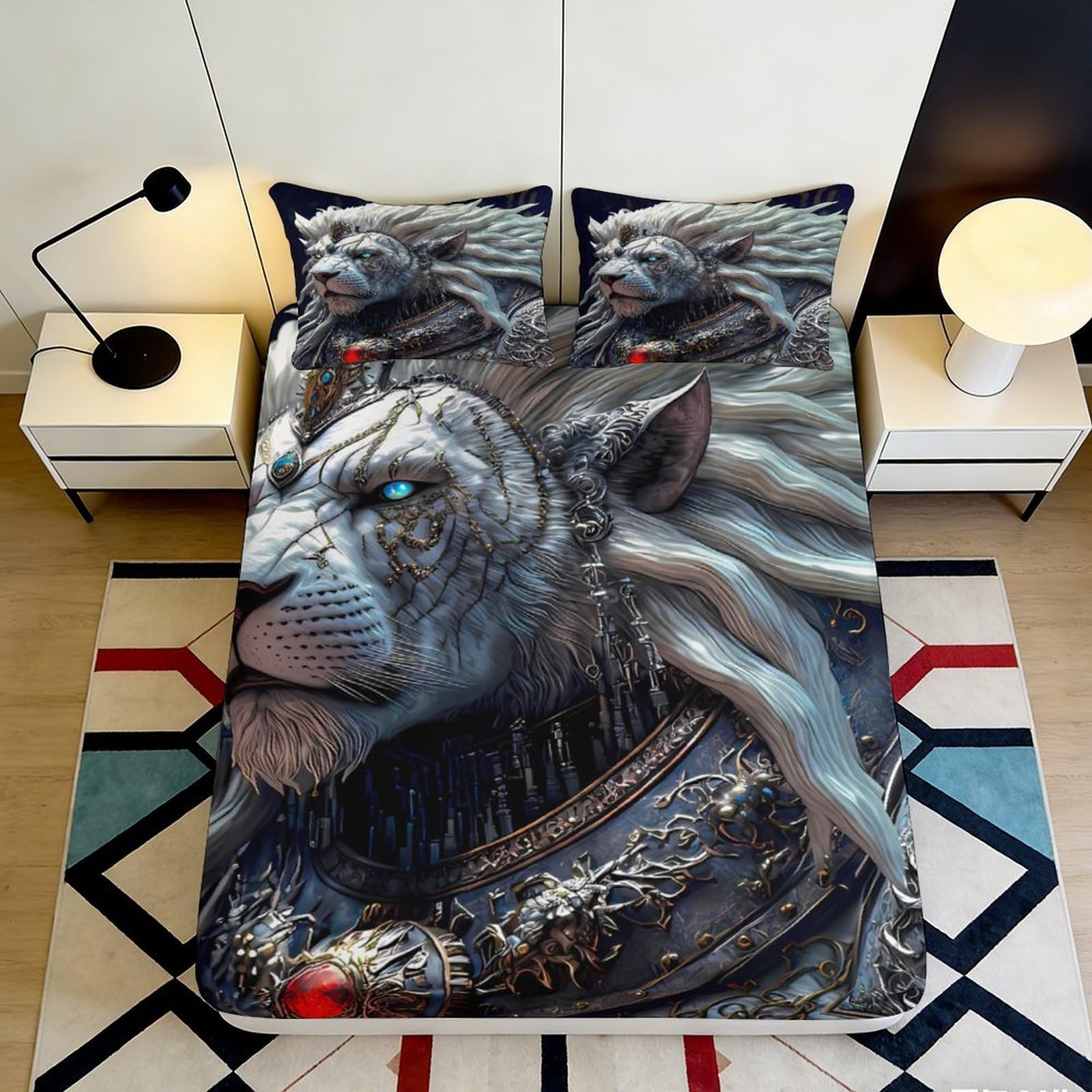 Pnayamiorkfel Style-4 3D Printed White Lion Fitted Sheet Microfiber Decorative Blue Eyes Royal Armor Mattress Cover For Bedroom Home Dorm 90X200x25cm