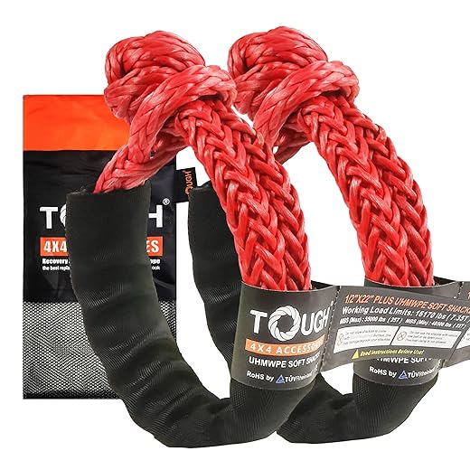 Tough 2 pcs synthetic soft shackle 1/2 x 22 inch (55,000lbs breaking strength) rope shackle with 4 sleeves for sailing suv atv truck jeep off road recovery(red, 2pcs 1/2" x 22" plus+ 1*bag+4*sleeves)