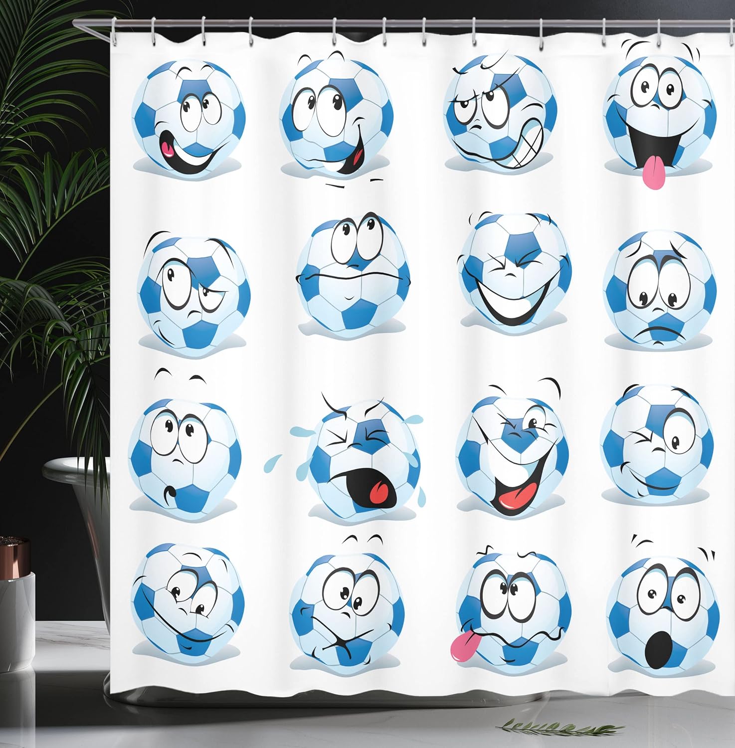 Ambesonne Sports Shower Curtain, Cartoon Soccer Balls Showing Various Expressions Bored Laughing Happy Smiley, Cloth Fabric Bathroom Decor Set with Hooks, 69" W x 84" L, White Black