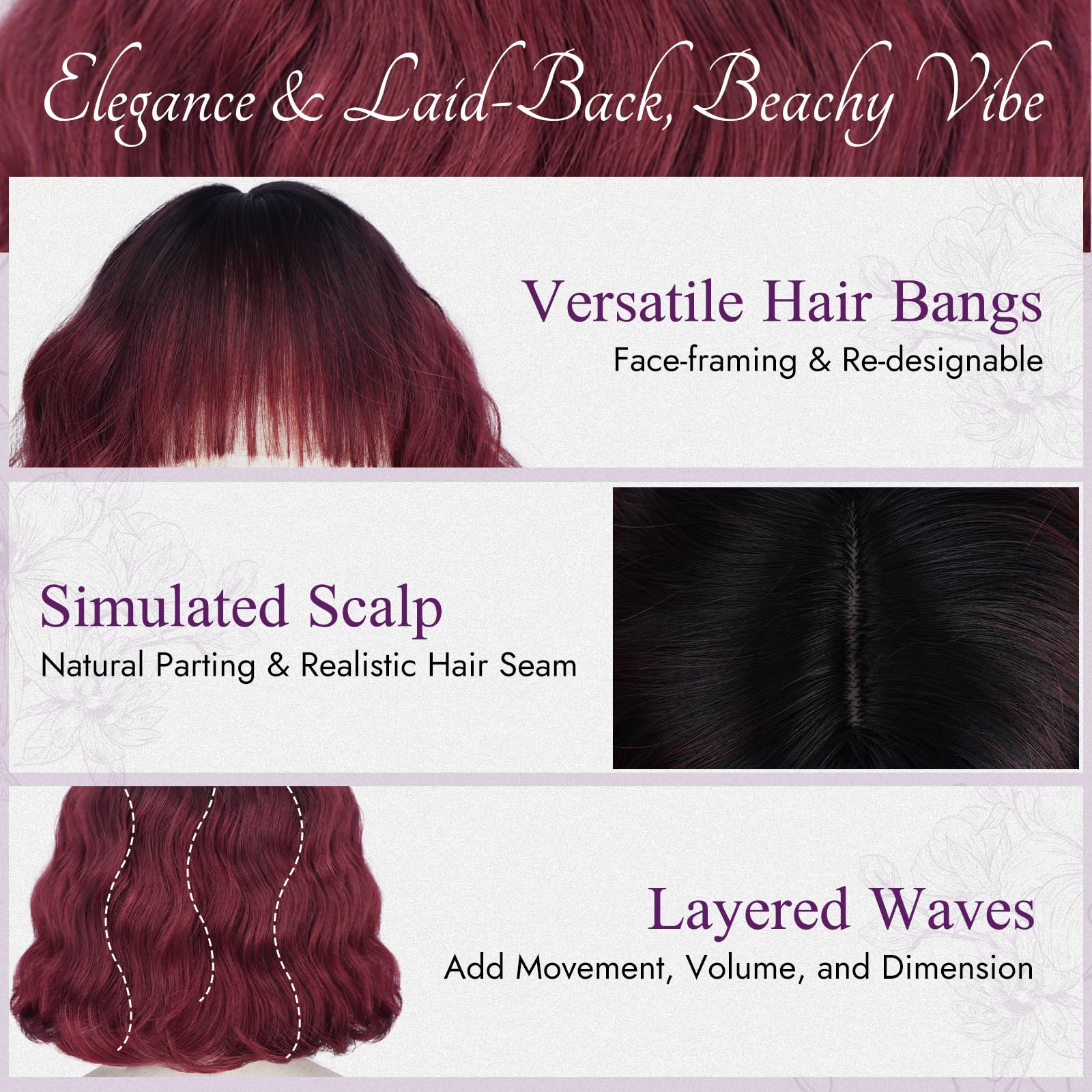 BARSDAR Short Wavy Ombre Red Wig with Bangs, Short Black to Red Ombre Bob Wigs for Women - Image 3