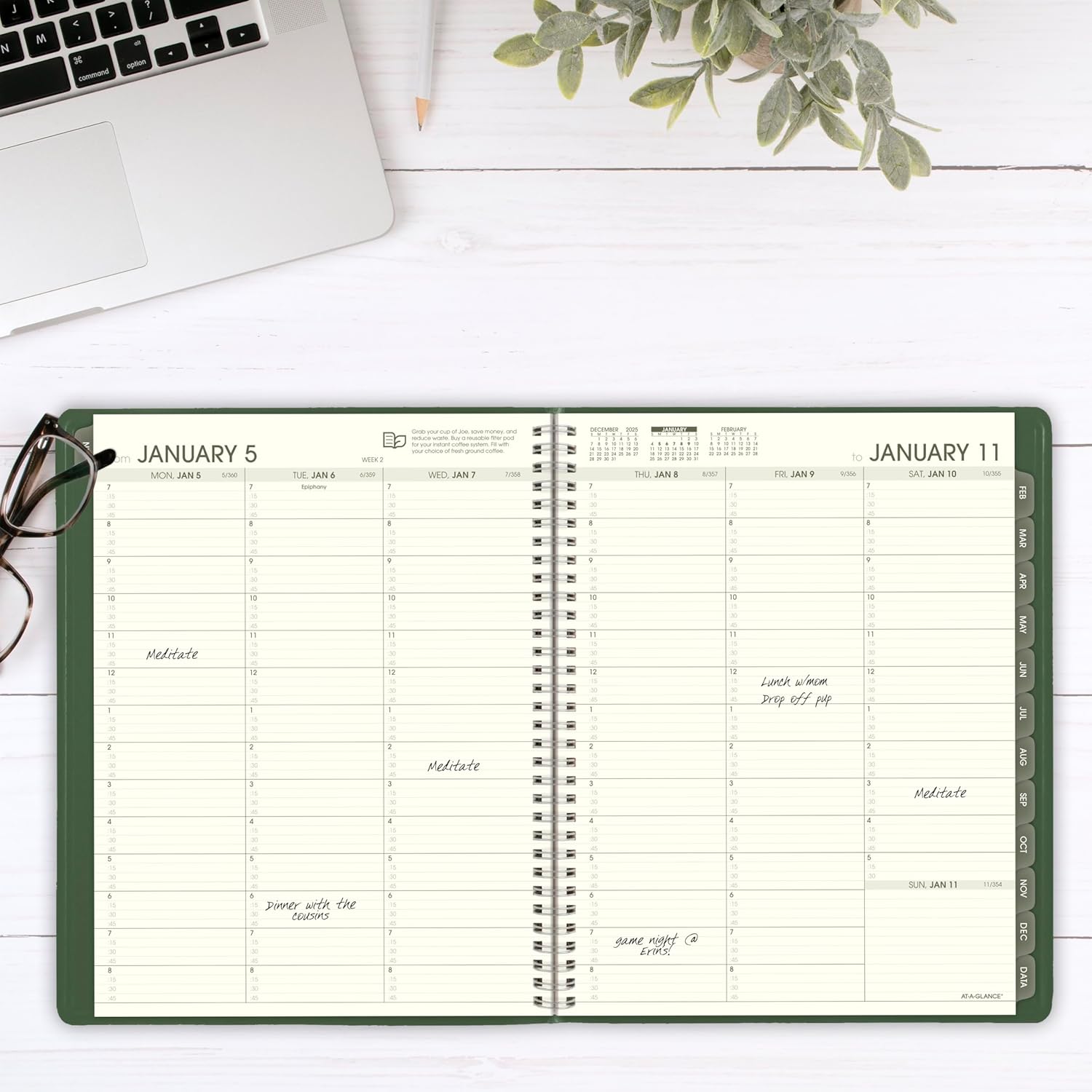 AT-A-GLANCE 2026 Appointment Book Planner, Weekly & Monthly, 8-1/4" x 11", Large, Quarter-Hourly, Recycled, Green (70950G6026)