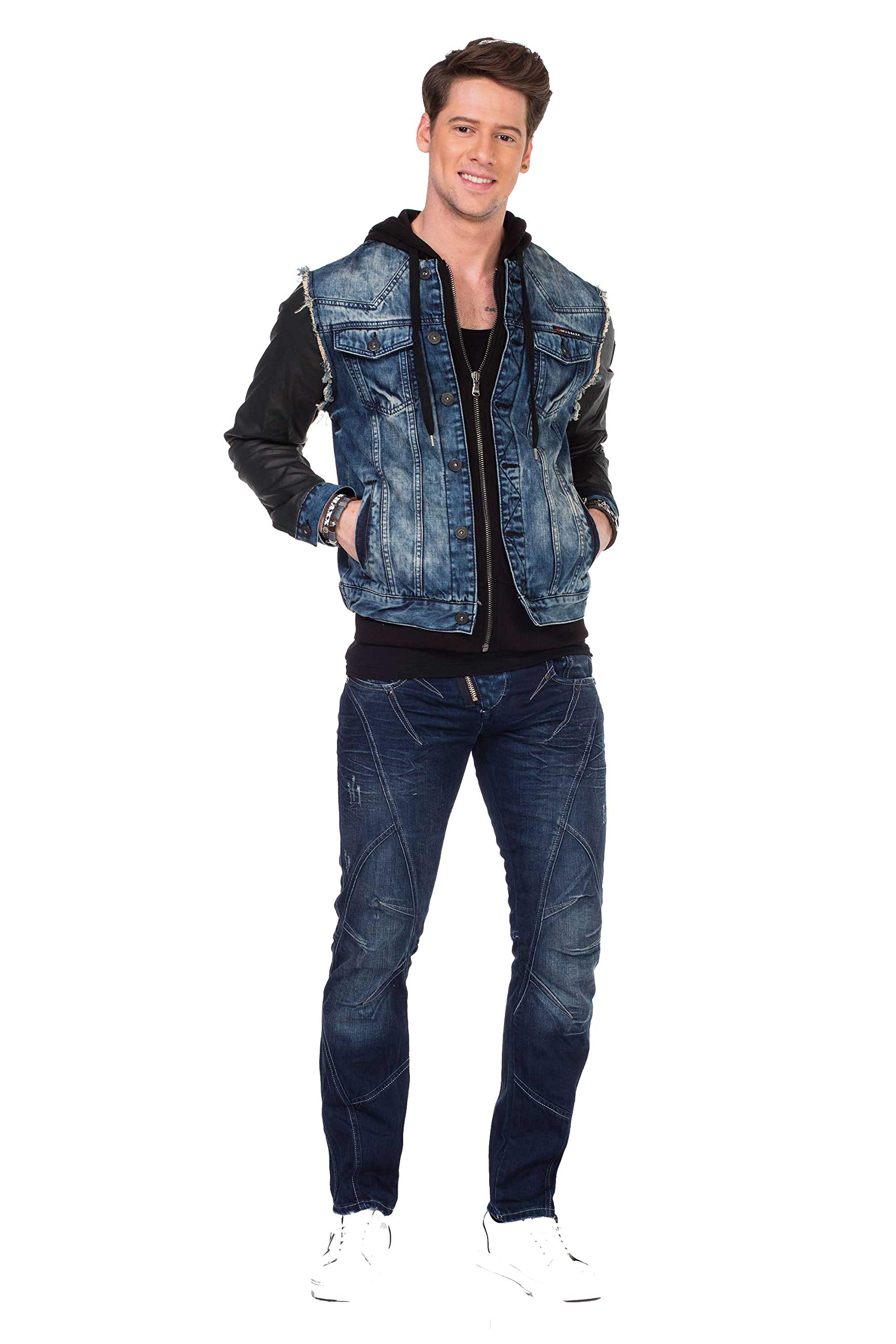 Cipo & Baxx Chaqueta vaquera para hombre, chaqueta de entretiempo, capucha de diseño, manga de piel sintética, chaqueta vaquera con capucha
