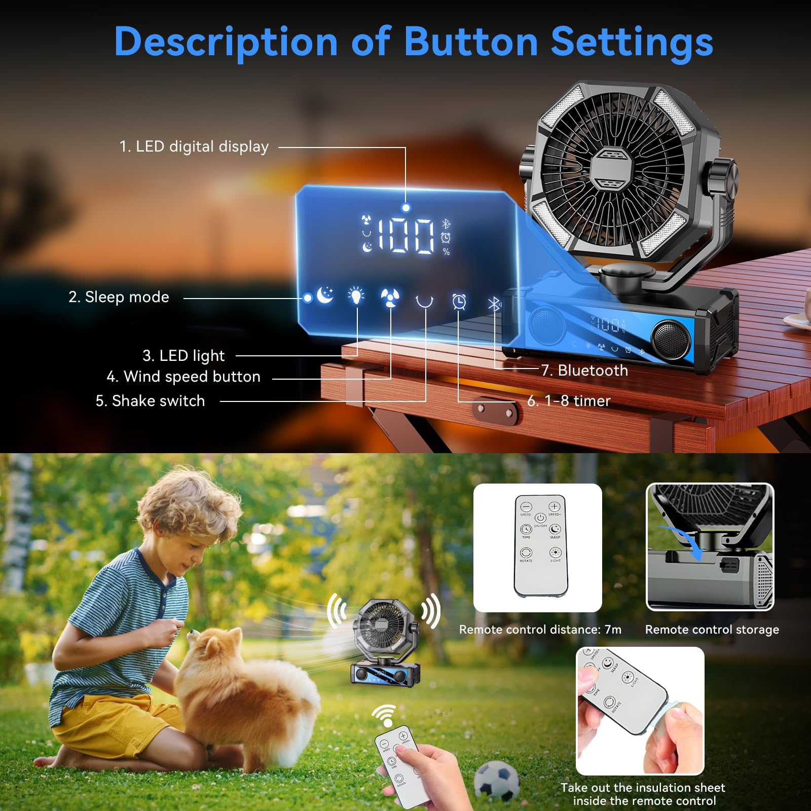 Camping Ventilator mit 5.3 Bluetooth Lautsprecher, 25000mAh Tragbarer Ventilator Wiederaufladbar mit 5 Geschwindigkeiten Touch Control & 3 Modi LED Licht, Fernbedienung, USB/Type-C