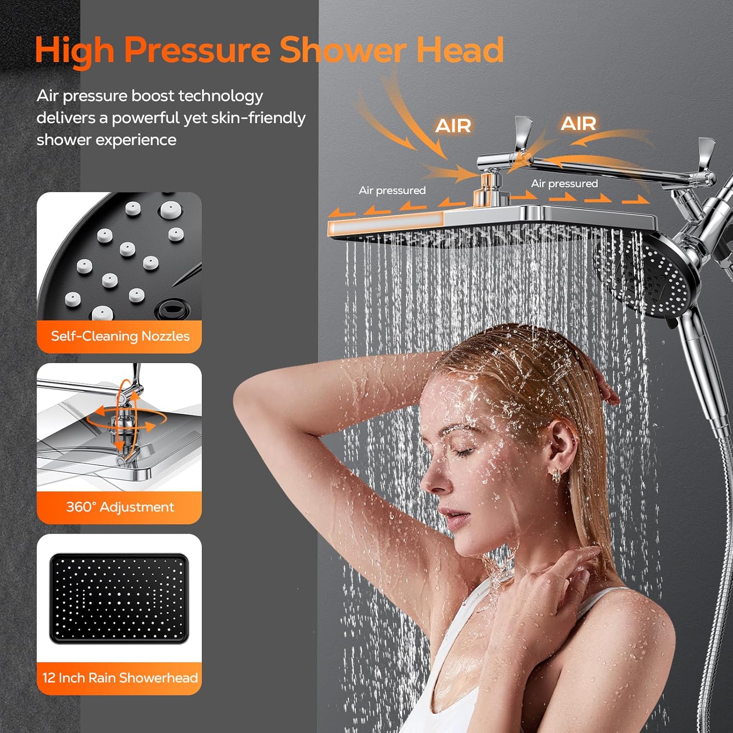 High Pressure Rain Shower Head Combo with Upgrade Magnetic Filtered Detachable Handheld Showerhead (10 Modes), 12" Rainfall Shower Head, 12" Adjustable Extension Arm, Chrome