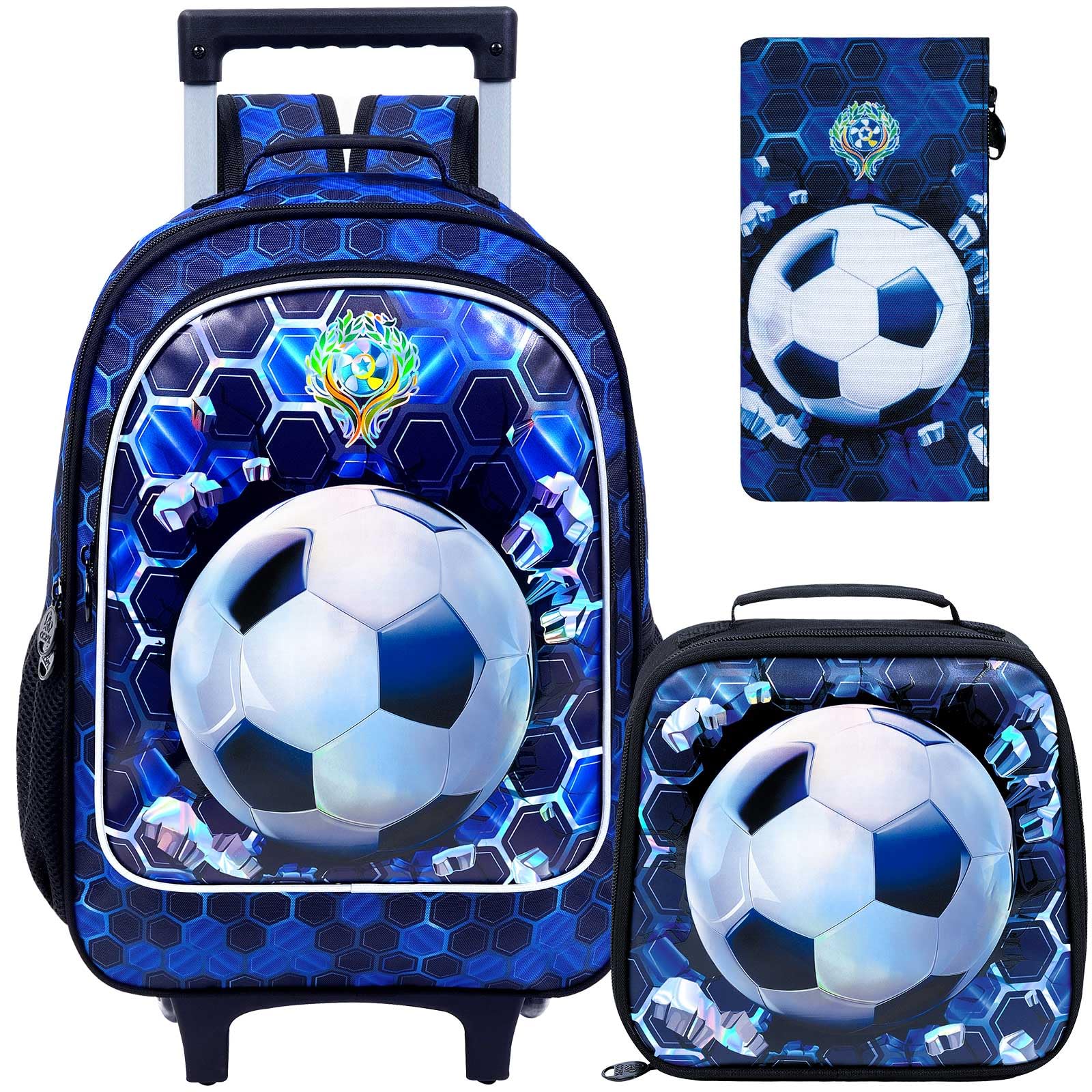 CCJPX 3PCS Soccer Rolling Backpack for Boys, Roller School Bookbag with Lunch Box, Football Water Resistant Wheeled Backpacks for Teens Elementary