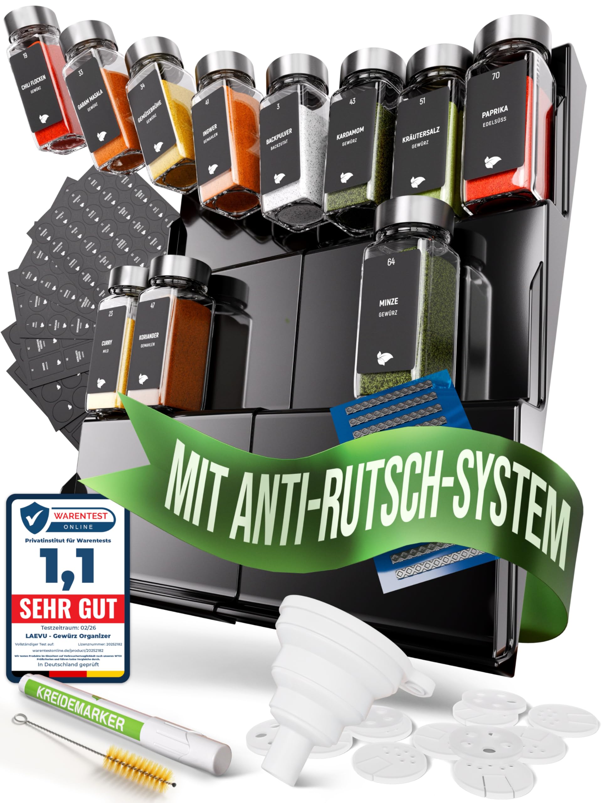 LAEVU Gewürzregal Schublade mit Gläsern | Gewürz Organizer Schublade inkl. 24 Gewürzgläsern Eckig mit Edelstahldeckel | Etiketten für Gewürze & mehr | Ausziehbarer Gewürzeinsatz für deine Schublade