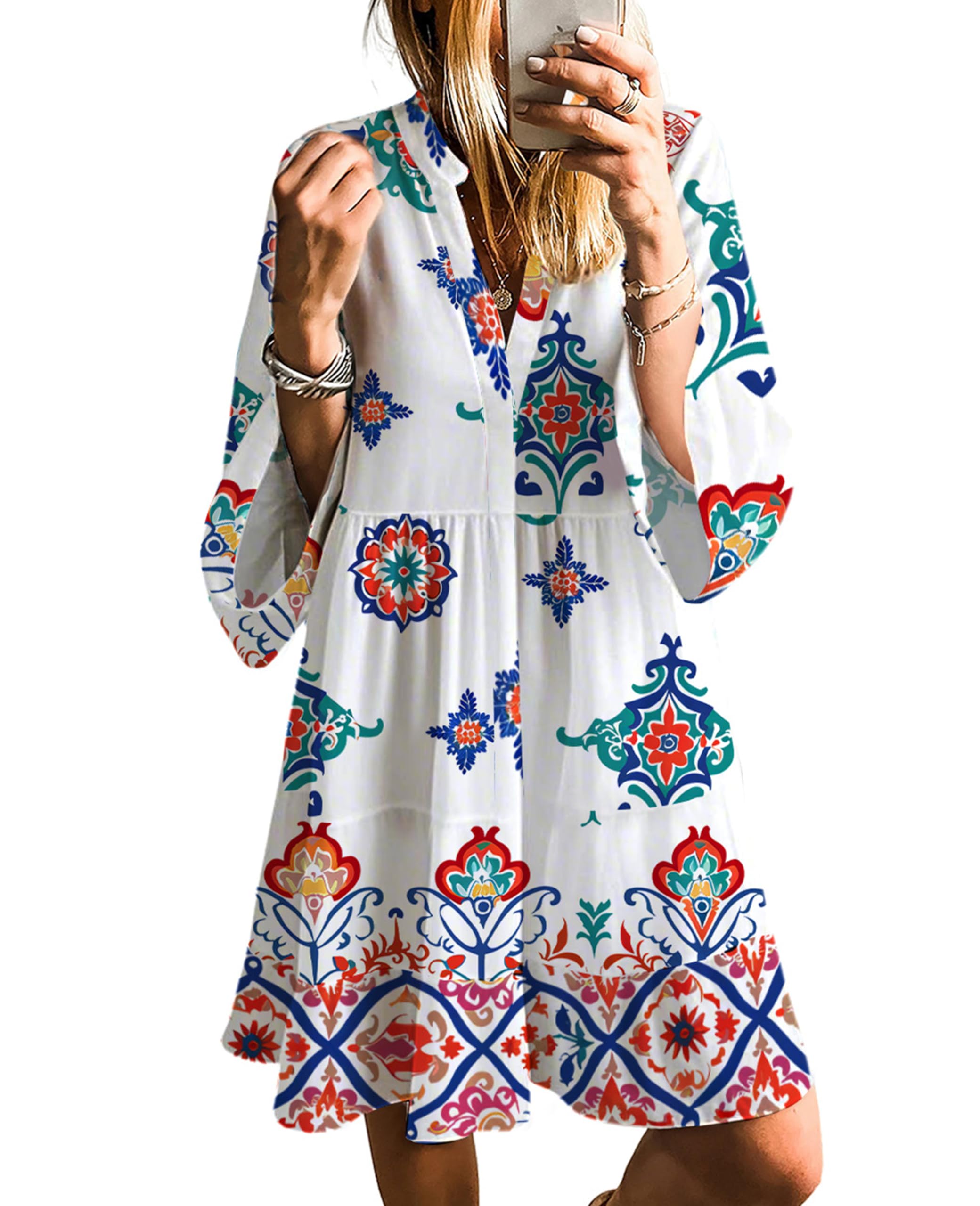 SELINK Womens Long Sleeve Dresses Casual V Neck Tribal Print Button Flowy Boho Mini Beach Dress