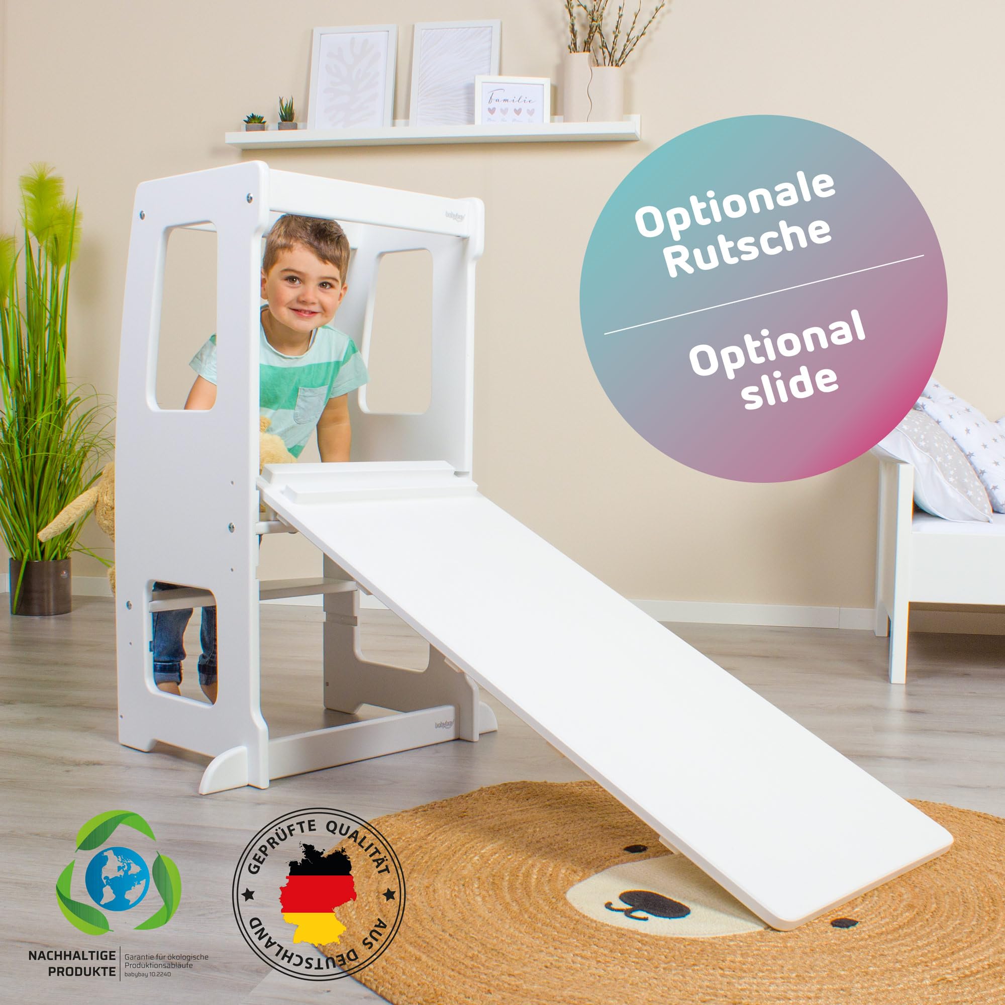 babybay Lernturm Littlefoot, maximale Kippsicherheit durch massives Buchenholz, Förderung der Motorik, dreifach höhenverstellbar, ergonomischer Einstieg, Aussparung für Küchengriffe, grau lackiert