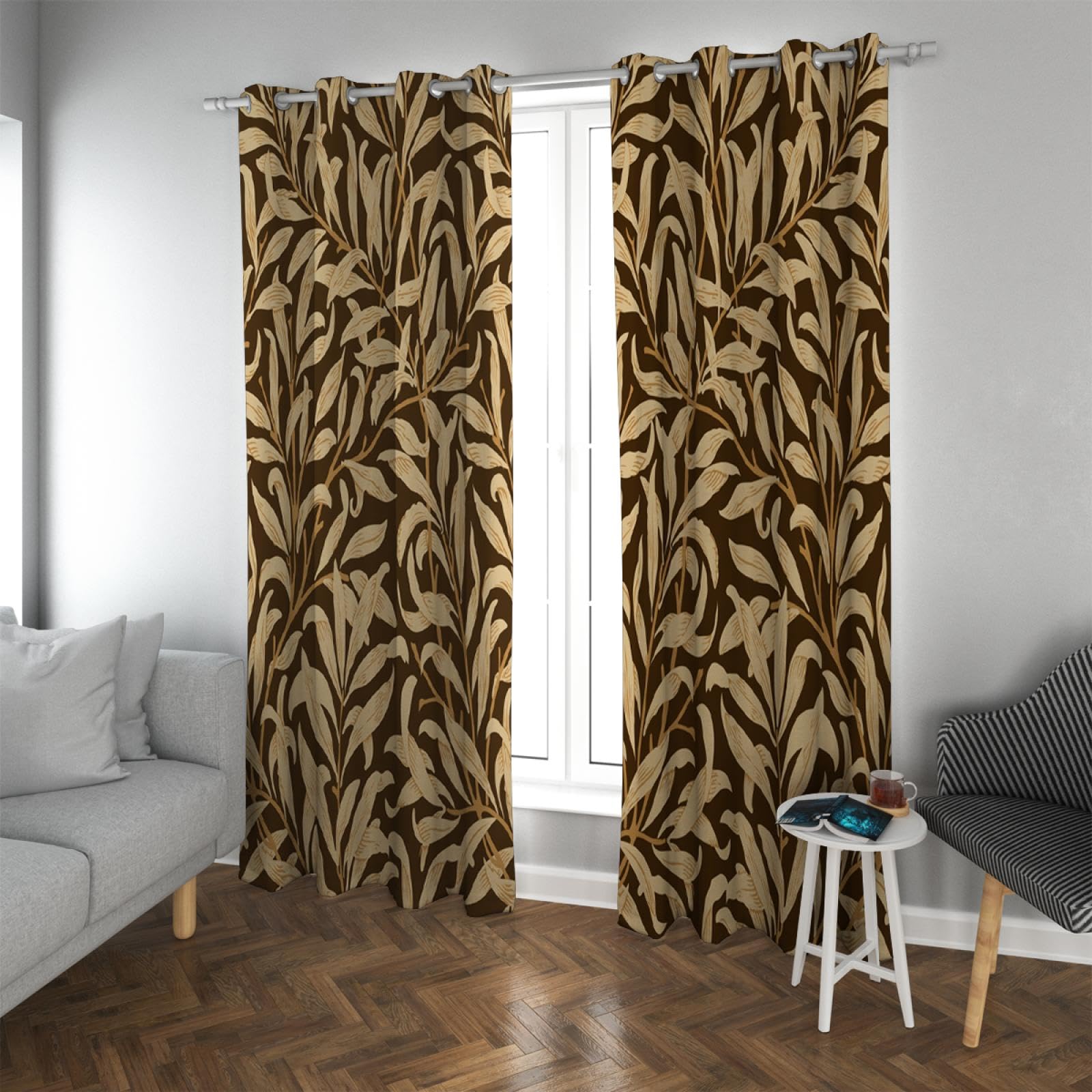 70's Retro Eyelet Curtains Traditional Botanical Leaves Pattern Drapes Thermal Insulated Blackout Window Curtains for Kitchen 1 Pair 54x66in