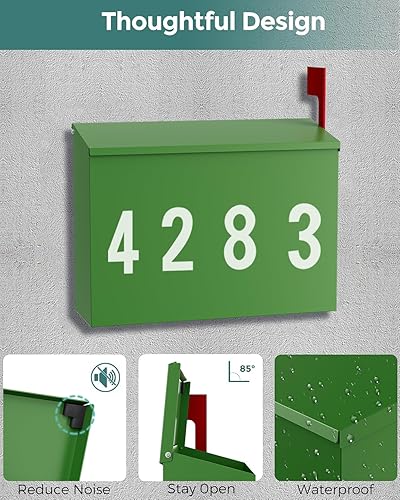 Miniatura 74 de LAND·VOI Buzón de pared con un kit de bandera y tres juegos de calcomanías de números de buzón de 0 a 9, buzones para exterior, buzón de metal Negro