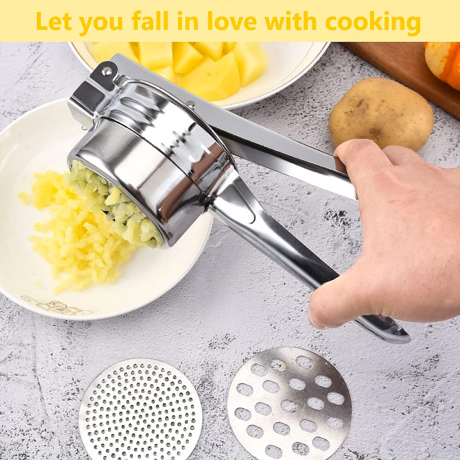 Roysmart Roestvrijstalen aardappelstamper, aardappelstamper met 3 verwisselbare zeefen, aardappelpers, multifunctionele aardappelpers voor aardappelpuree, groentepap, babyvoeding, sapjes