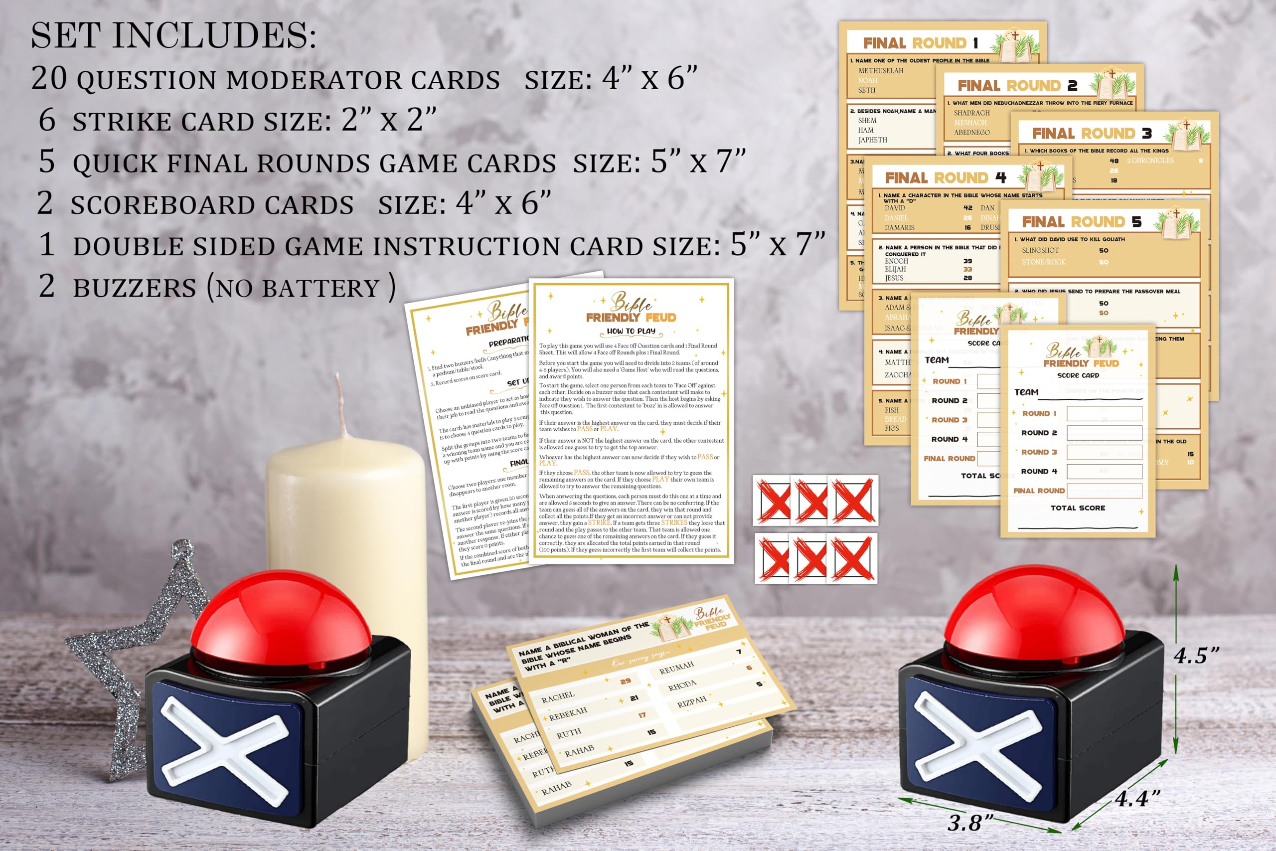 Feud biblico cristiano con due cicalini per adulti, gioco in stile faida familiare biblica, notte di gioco della chiesa, carte da gioco a quiz biblici con cicalini, per attività di gruppo della chiesa