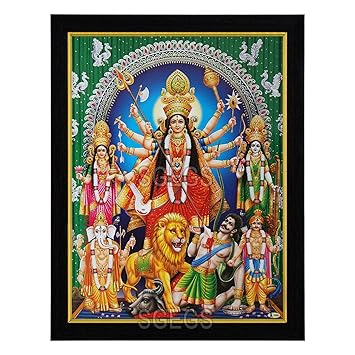 SHREE GANESH ENTERPRISE GIFTING SOLUTIONS Goddess Durga MATA Photo Frame Saraswati Lakshmi Ganesh Kartikeya Painting Pooja Wall Hanging (Wood, Poster with Frame, Multicolour, 25x1x31cm)