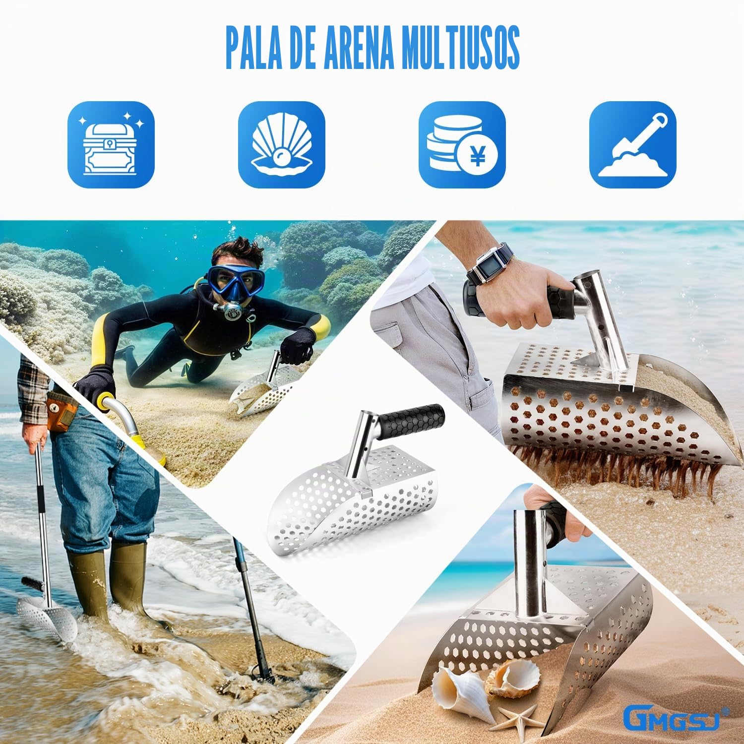 Pala de Arena de Playa, Herramienta de detección de Metales con Mango Antideslizante para la detección rápida de Metales en el Agua y en la Playa, con Tres Extensiones de Acero Inoxidable