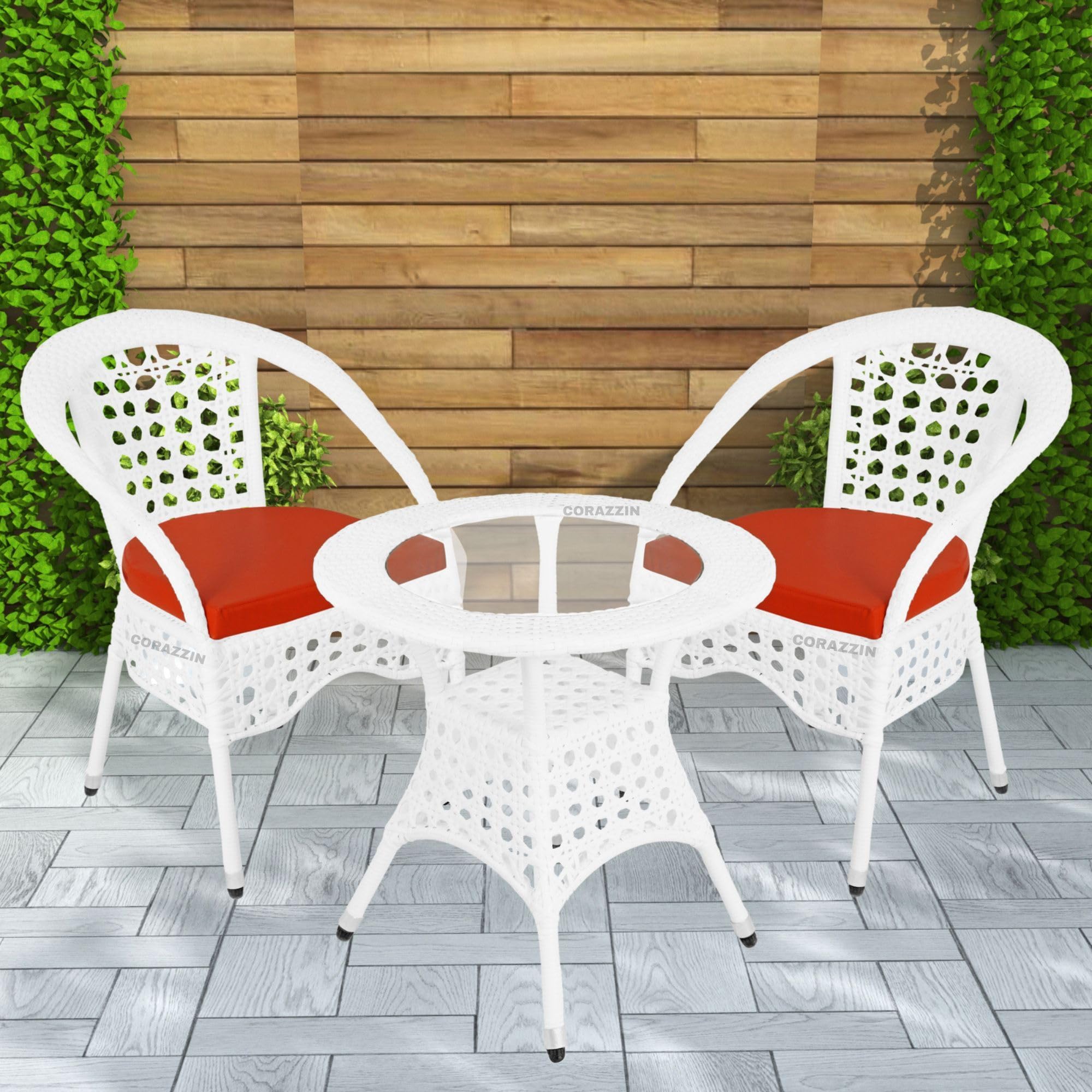Rattan Wicker Round Patio Coffee Table with 2 Cushioned Chairs Garden Outdoor Furniture Set for Home Living Room (White)-image-45