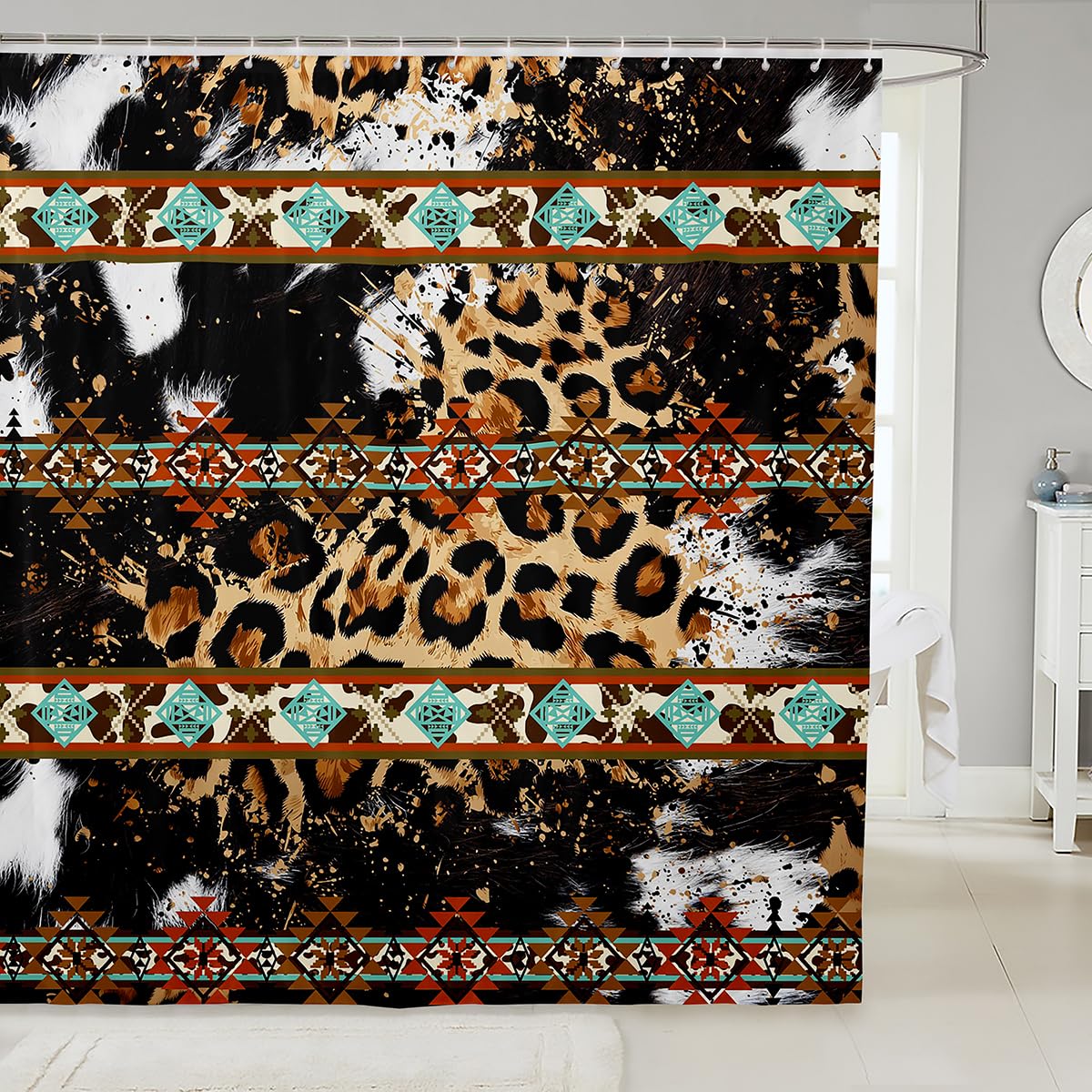 Cheetah Print Shower Curtain Set Western Bathroom Curtain 72"Wx78"L,Exotic Aztec Bath Curtain Black and White Cowhide Cow Print Farm Animals Bull Skin