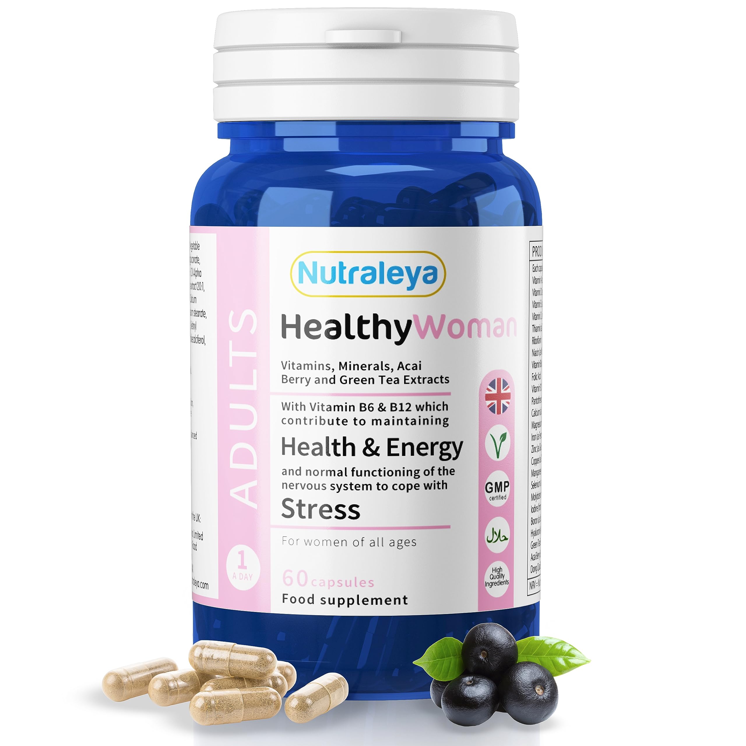 Nutraleya Womens Multivitamins (60 Capsules) - Acai Berry Capsules with Vitamin B12, Vitamin B6, Green Tea, Dong Quai, & Hyaluronic Acid Multivitamins and Minerals - Energy Supplements for Women
