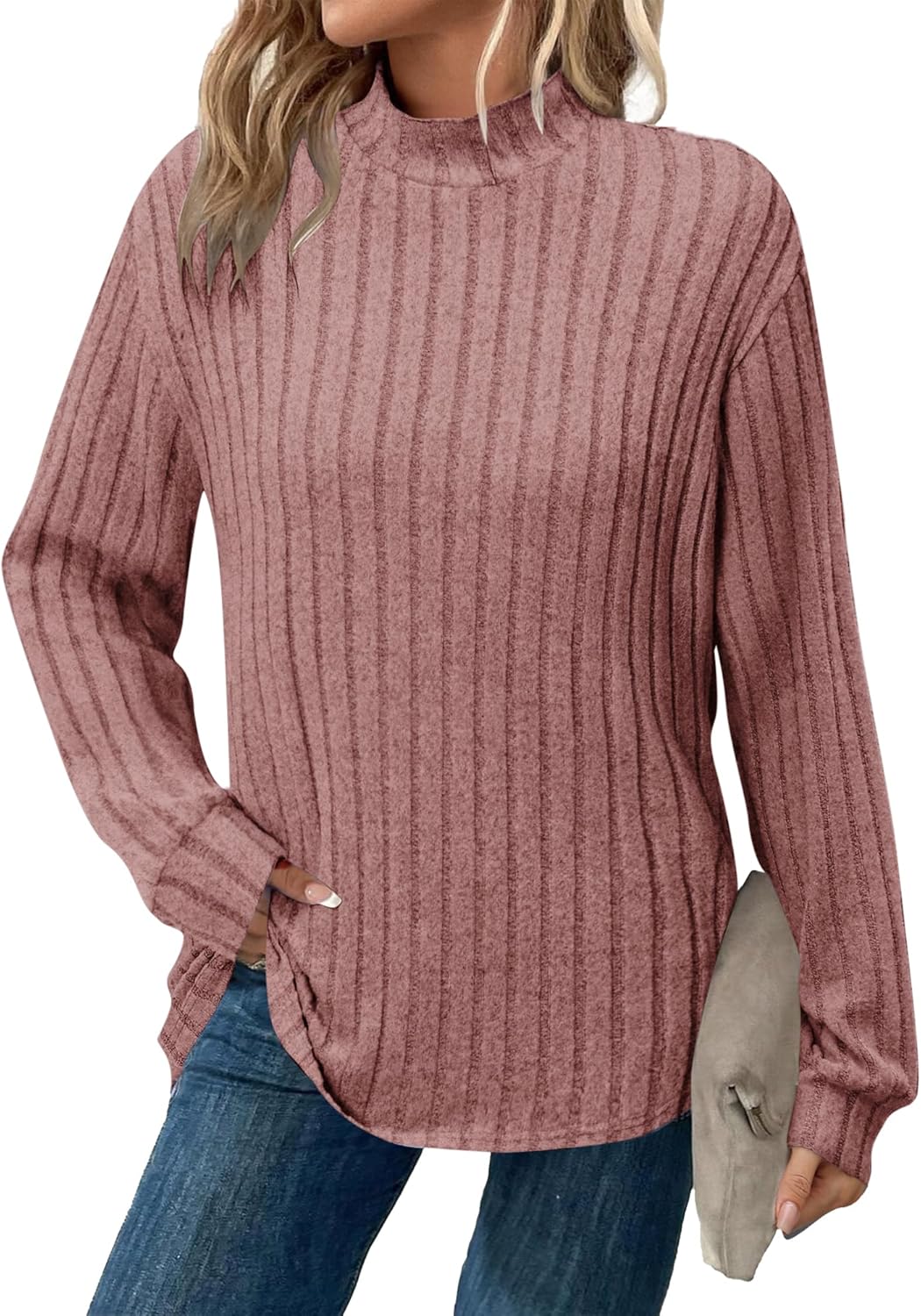 WNEEDU 2026 Women's Lightweight Mock Turtleneck Tunic Tops Long Sleeve Shirts - Comfortable Trendy Casual Shirts