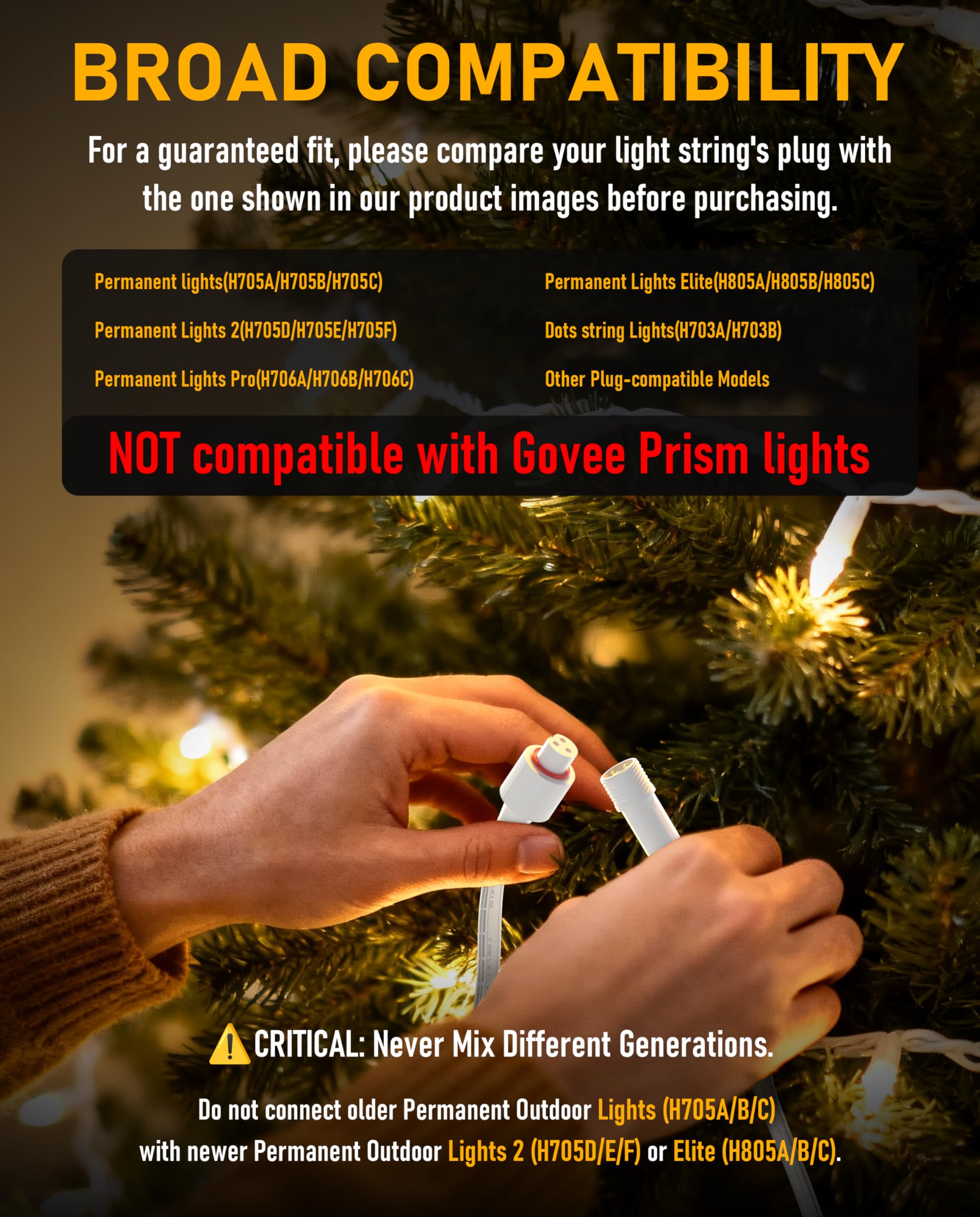Cable de extensión de 33 pies para luces permanentes para exteriores Govee (H705A-H706C), cable de extensión impermeable IP68 de 3 pines, alambre de cobre puro de 22 AWG, amplía la iluminación
