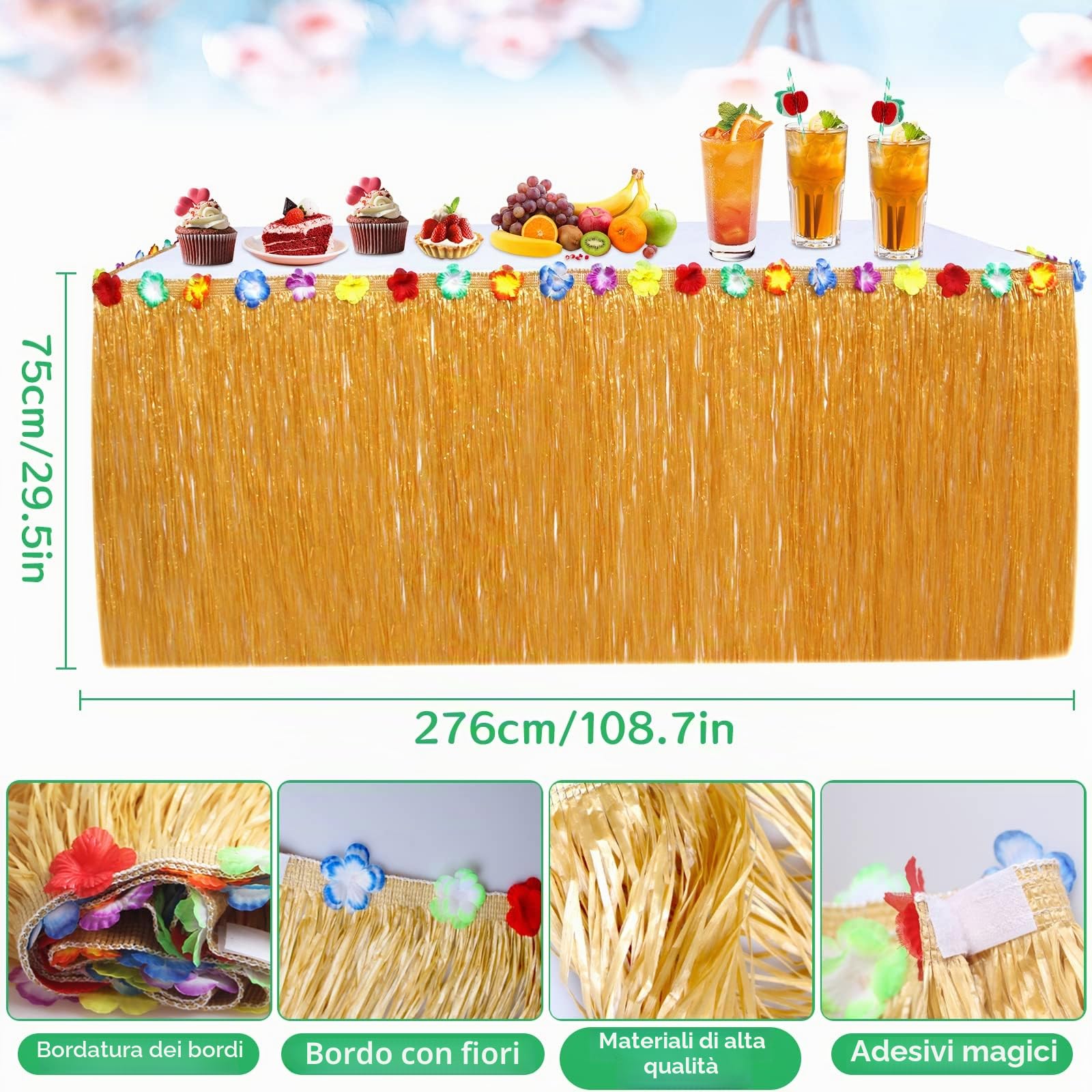 107 Pezzi Gonna Tavolo Hawaiana Tovaglia da Tavolo Set，Kit di Decorazioni per Feste Hawaiane，Foglie di Palma Fiori Hawaiani Cake Decorazioni, Perfette per la Spiaggia Estiva e Feste a Tema Hawaiano