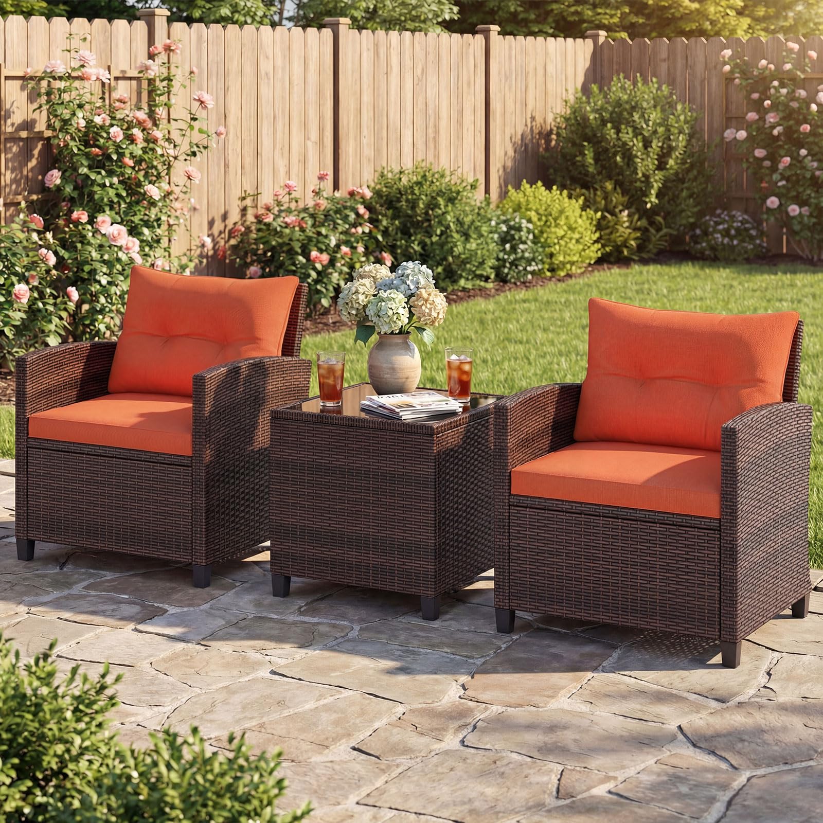 COSTWAY Rattan Gartenmöbel Set, 3-TLG. Balkonmöbel inkl. 2 Sessel, Kissen & Tisch mit gehärteter Glasplatte, Balkon Möbel klein, Wetterfeste Sitzgruppe 2 Personen (Orange)