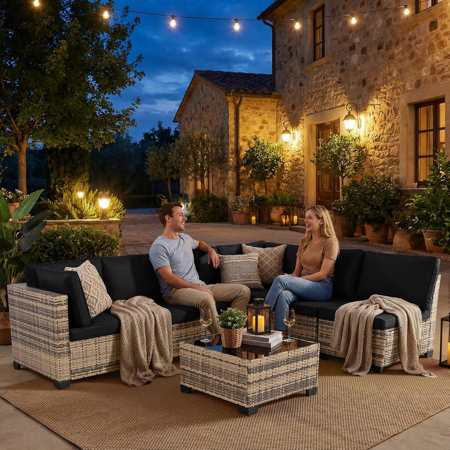 PORWEY 7 Piece Outdoor Wicker Patio Furniture Set, Rattan Sectional Sofa Conversation Set with Coffee Table & Cushions, for Poolside Backyard Garden Porch, Brown Wicker/Black Cushion