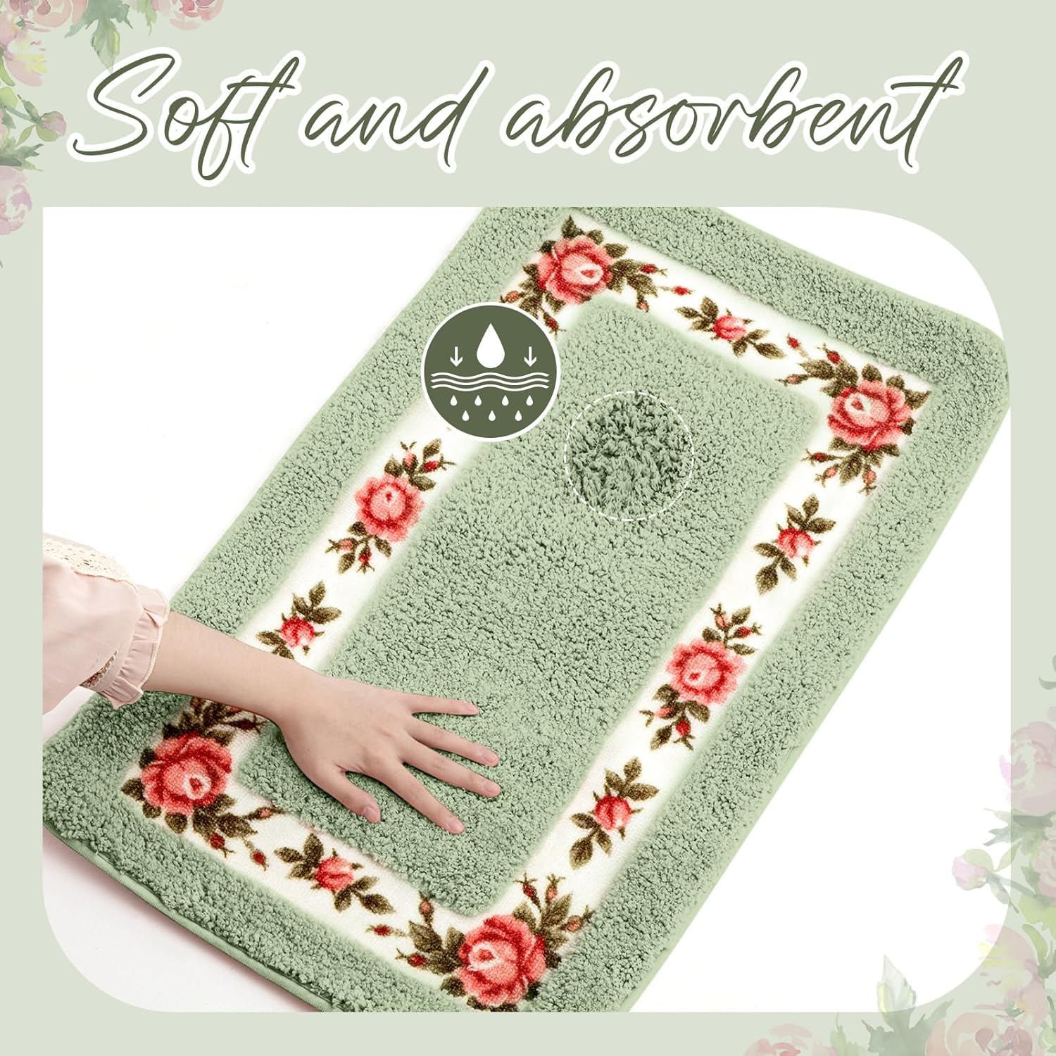 Drydiet 2 Pcs Rose Flowers Bathroom Rugs Set Coquette Room Decor Floral Rugs for Bathroom Bedroom Living Room,Non Skid Absorbent Romantic Rose Flower Area Rugs 2 Shapes(Green,Small)