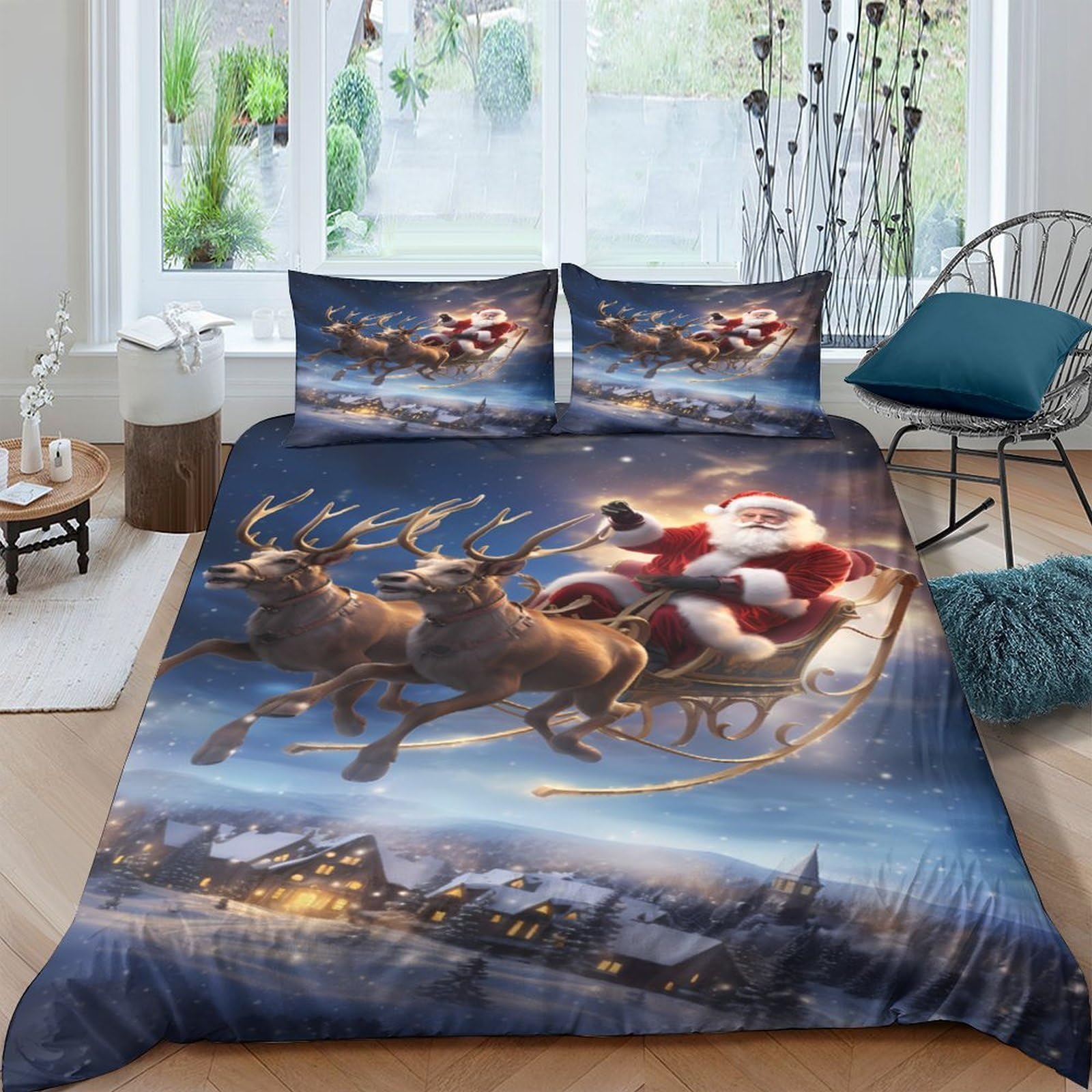 Ctjqhvkz Style-7 3D Printed Santa Sleigh Night Sky Fitted Sheet Microfiber Soft Christmas Reindeer Bed Cover For Bedroom Guestroom Decor Single（135X200cm）