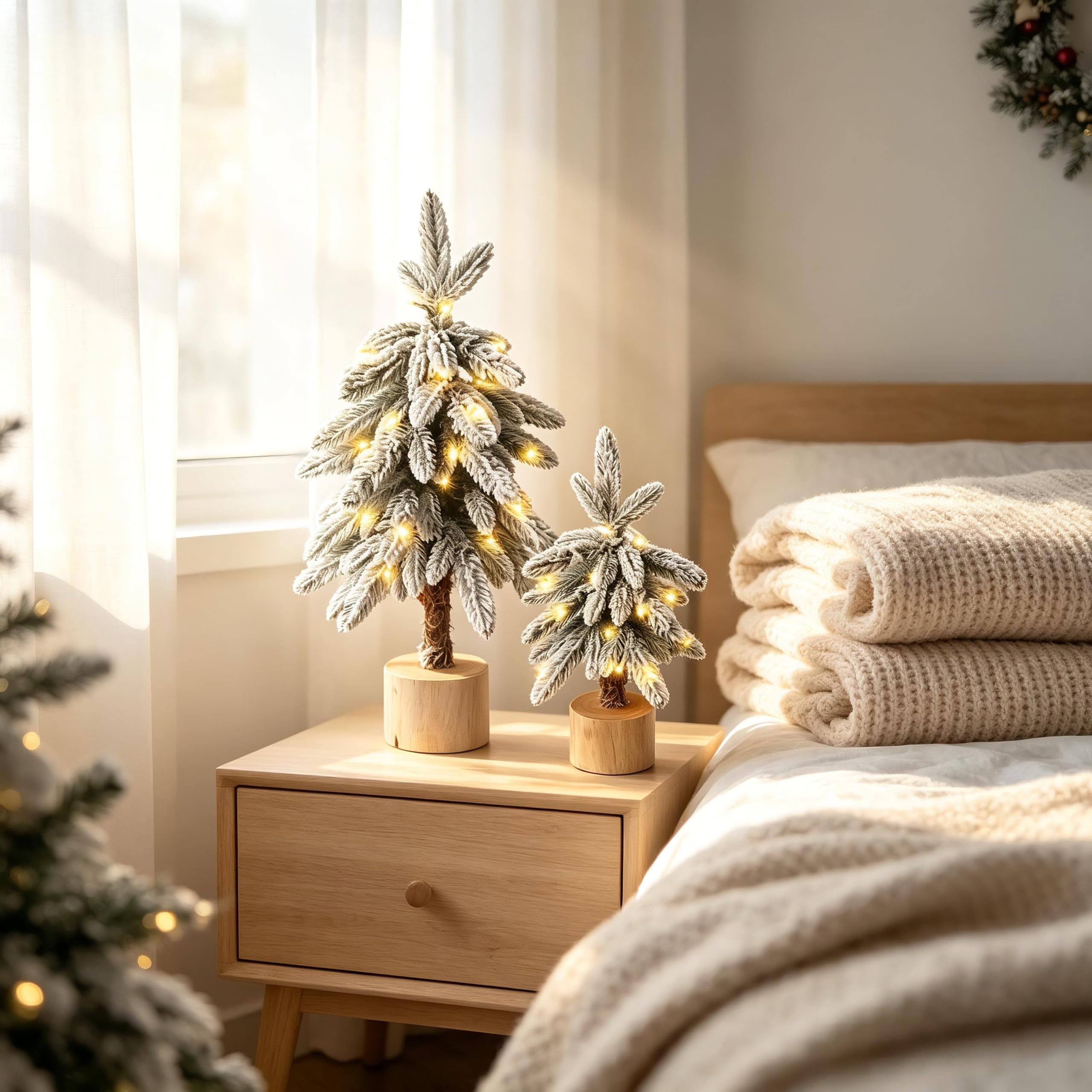 HipTree Lot de 2 mini sapins de Noël floqués, 40,6 cm et 61 cm pré-éclairés avec 8 modes de lumières LED et base en bois, fonctionne à piles pour décoration de vacances d'hiver