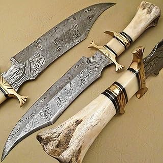 Damascus Steel Hunting Knife - Fixed Blade Knives with Sheath - Firm Grip Handle Made of Camel Bone (bone white) - LH LIMASSOL