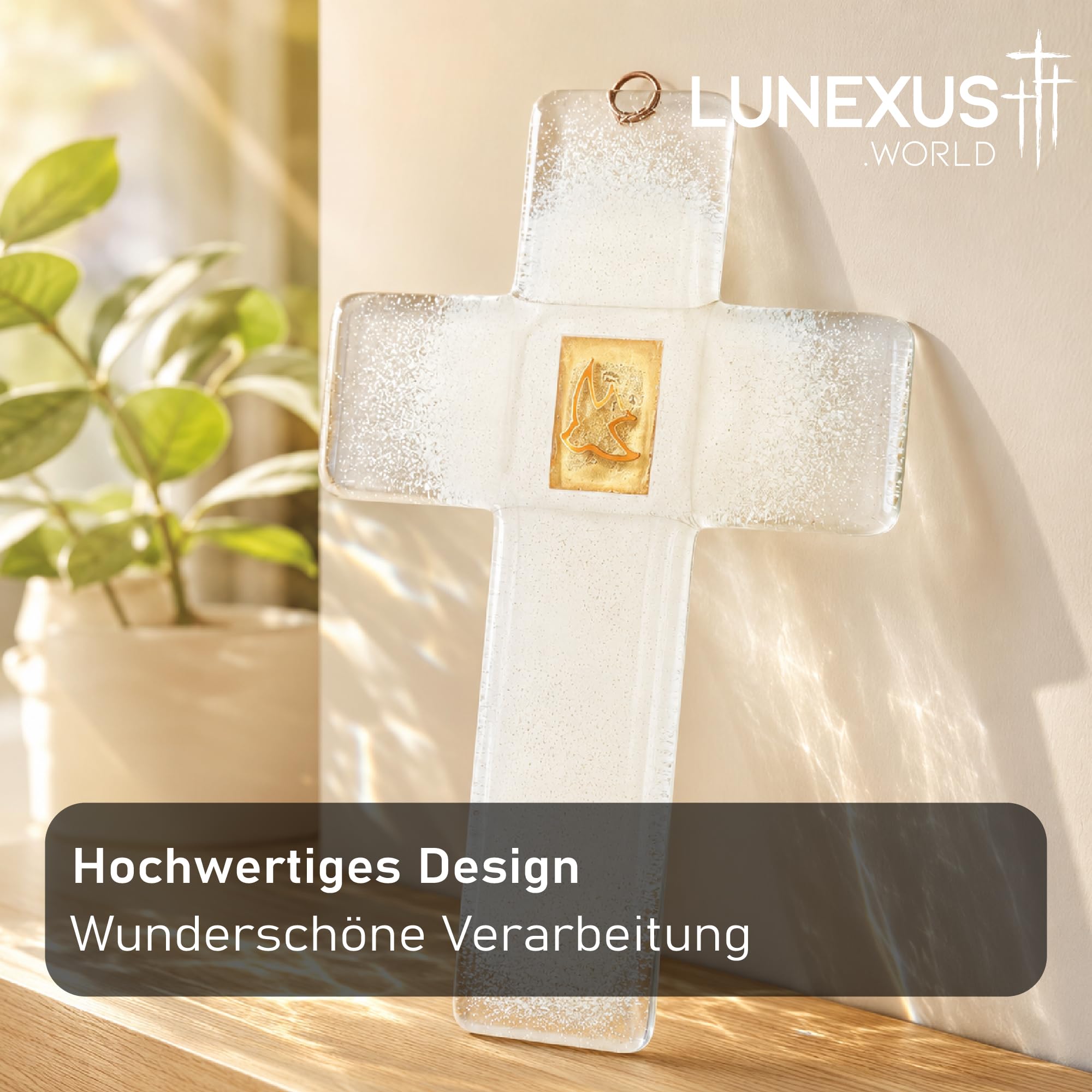 Lunexus Szklany krzyż 21 cm szklany krzyż ścienny z gołębem, prezent na chrzest, krzyż, na komunię, bierzmowanie, krzyż religijny, ręcznie wykonany, dekoracyjny krzyż katolicki, prezent dla