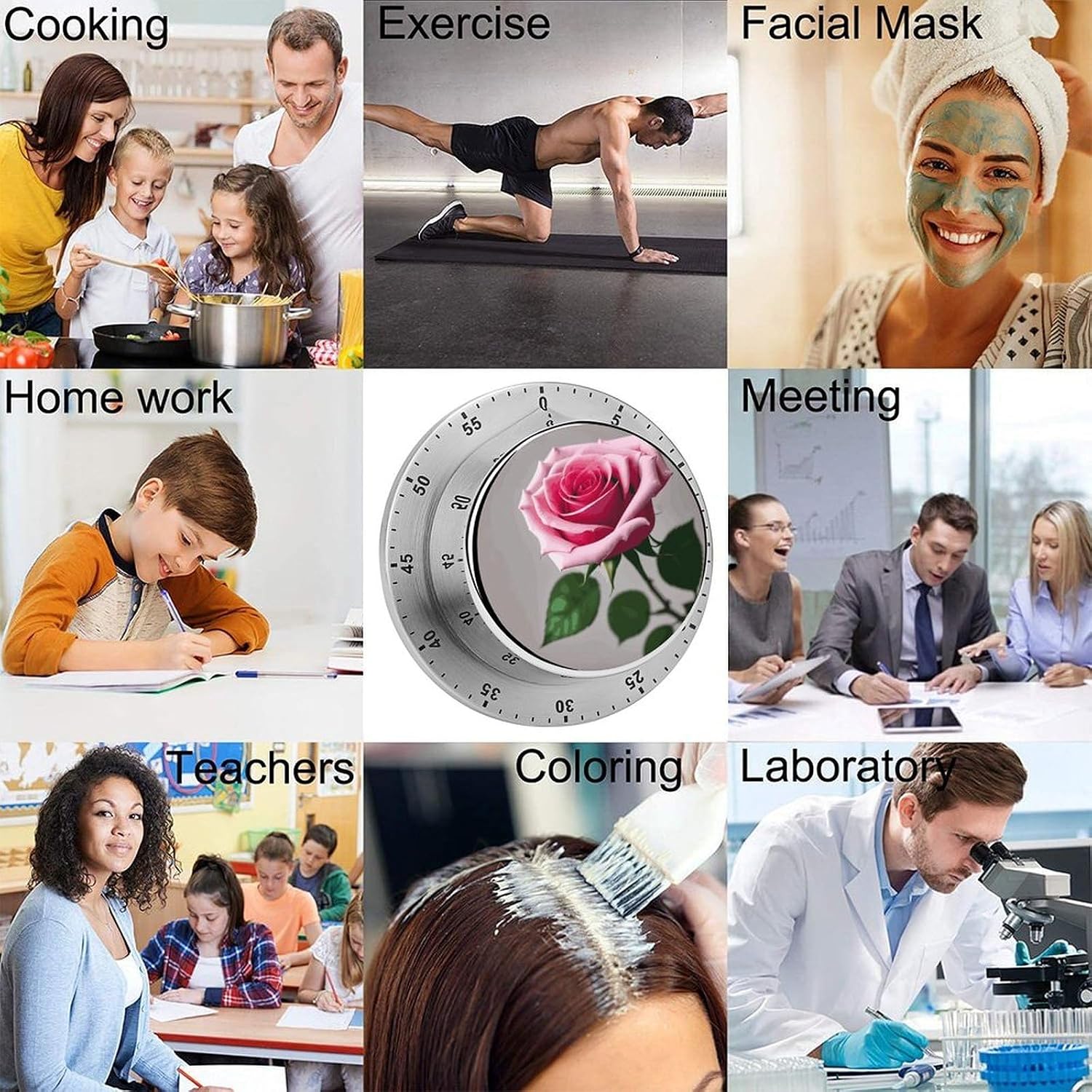 Pink Dahlia Stainless Steel Timer, Kitchen Timer with Magnetic Base, Countdown Timers for Gym, Office, Cooking, Baking, Jogging