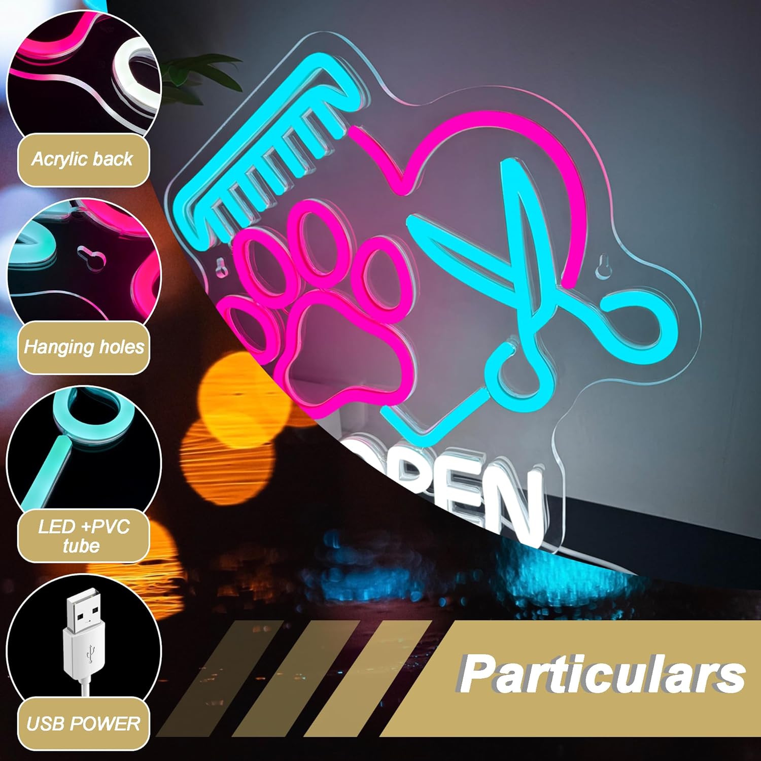 Mutank Pet Shop Open Neon Sign, Paw Neon Light USB Powered LED Dimmable Scissors Sign, for Pet Shop Business Sign Pet Spa Pet Salon Animal Clinic Decor Pet Grooming and Welcome Sign(13.3 * 12.2 In) - Image 3