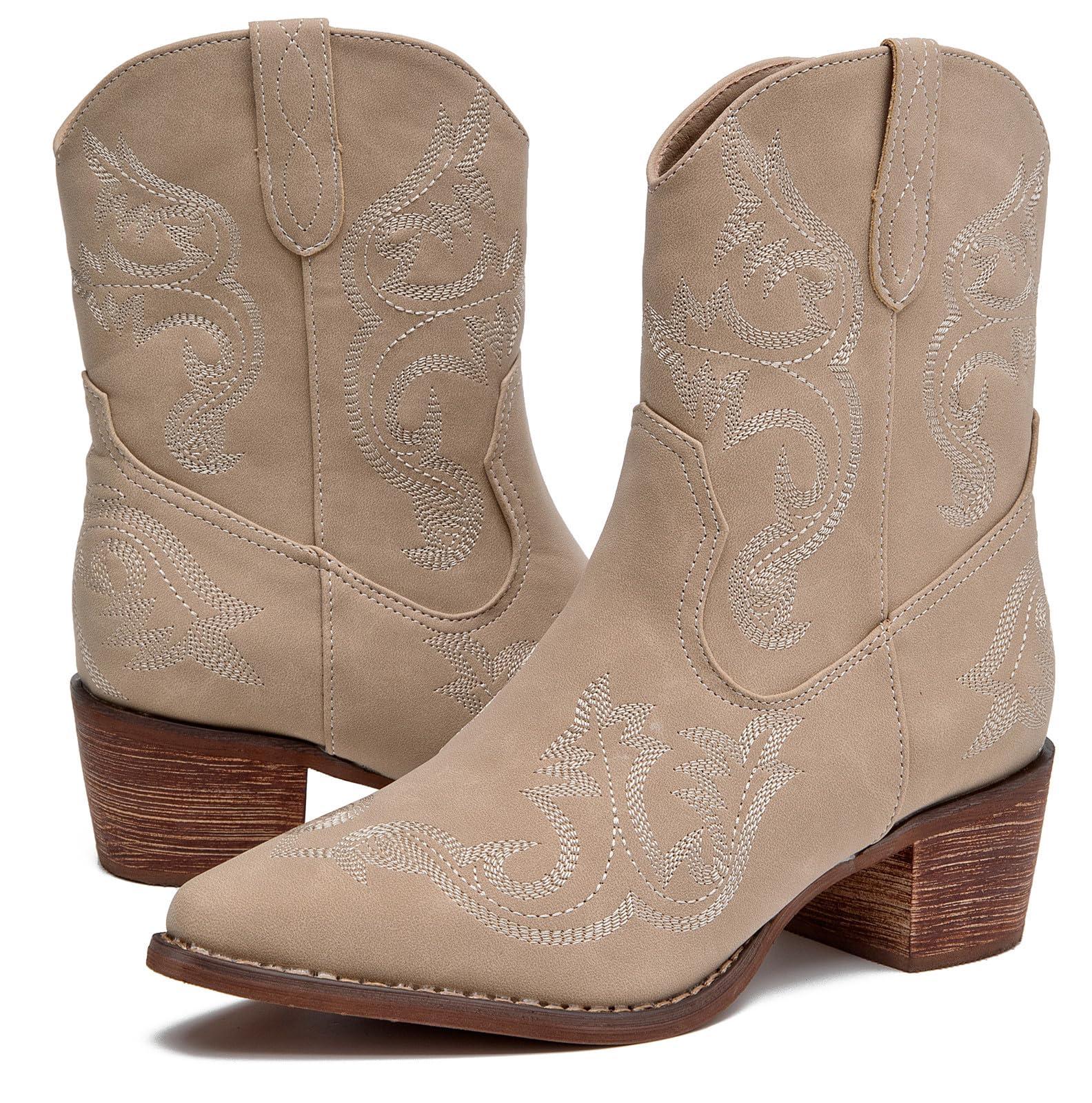 DADAWEN Western Boots for Women Embroidered Square Toe Cowgirl Boots Chunky Heel Pull-On Short Cowboy Boot Wide Calf