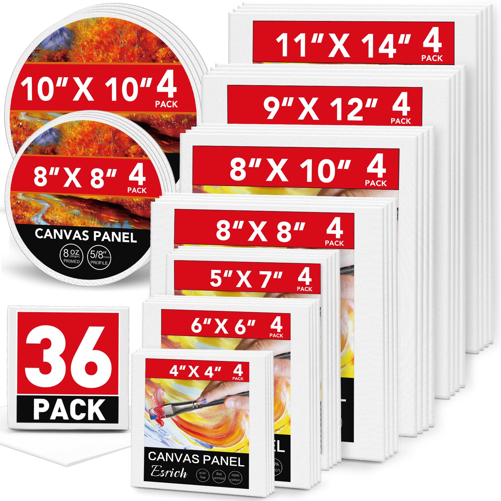 ESRICH Canvases for Painting, 36 Pack Canvas Boards 4x4, 6x6, 8x8, 5x7, 8x10, 9x12, 11x14, Round Canvas Panels with 8x8,10x10-Cotton Primed Blank Large Canvases for Acrylic, Oil, Gouache & Tempera.