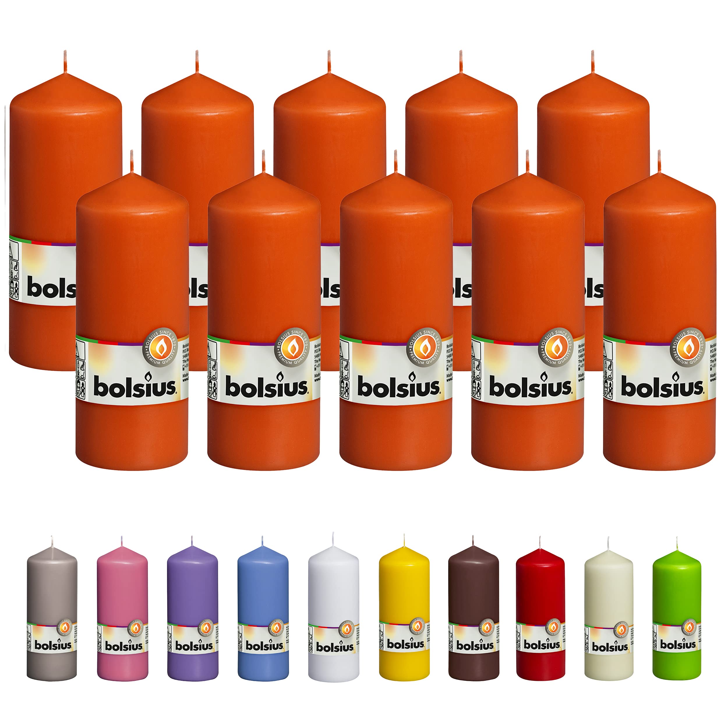 bolsius 10 orange pillar candles - 2.25 x 6 inches - premium european quality - individually wrapped - 42 hours burn time - dripless smokeless unscented dinner, wedding, party, & restaurant candles