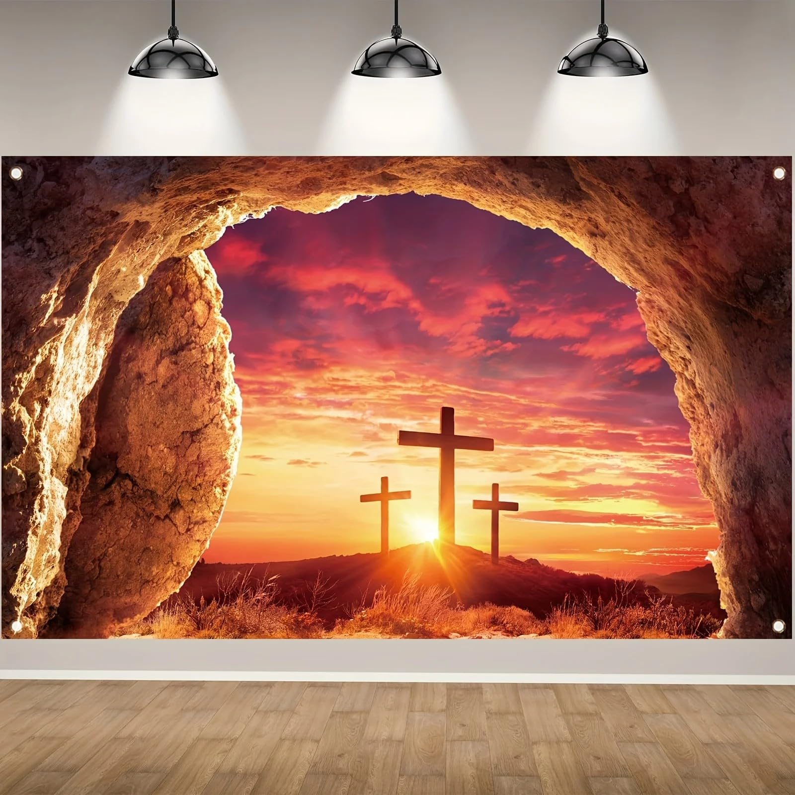 Trwałe tło wielkanocne zmartwychwstał - dekoracja na uroczystości wewnątrz i na zewnątrz, idealna na zdjęcia i imprezy. 440x300CM