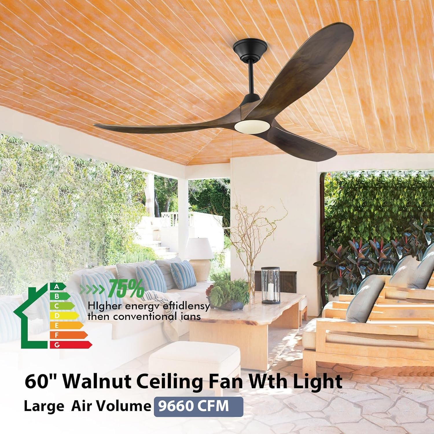 60 inch Outdoor Ceiling Fan with Lights and Remote, Rustic Wood Ceiling Fan with Light, 3 Blade Propeller Ceiling Fan with Reversible DC Motor, Modern Farmhouse Ceiling Fan for High Low Sloped Ceiling