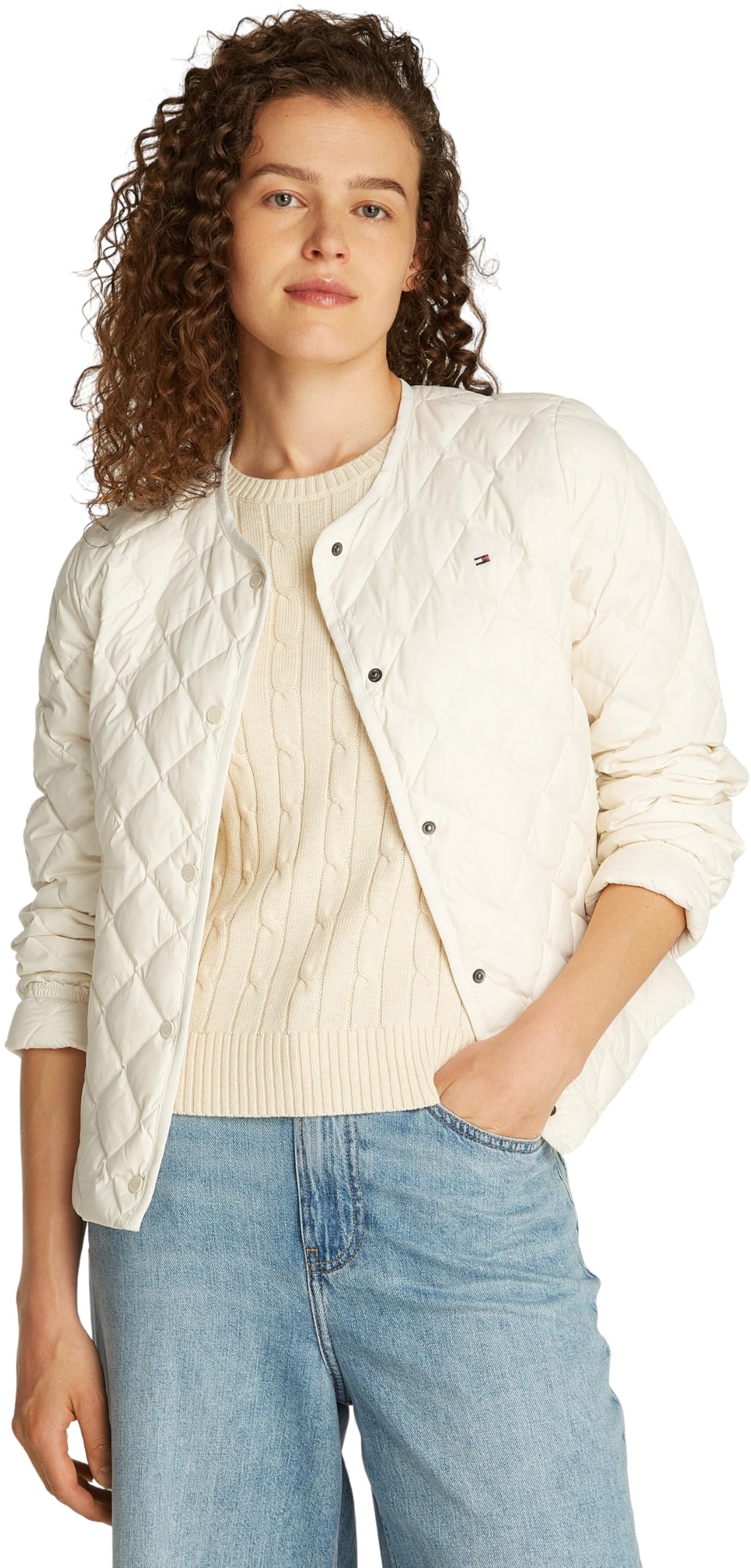 Tommy Hilfiger Donna Giacca Imbottita Quilted Collarless con Chiusura con Bottoni