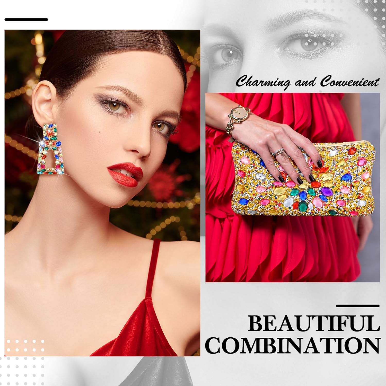 Silkfly Rhinestone Clutch Purses Drop Dangle for Women Colorful Crystal Evening Handbags Geometric Earrings Sparkly Diamond Shoulder for Wedding Party Prom Cocktail