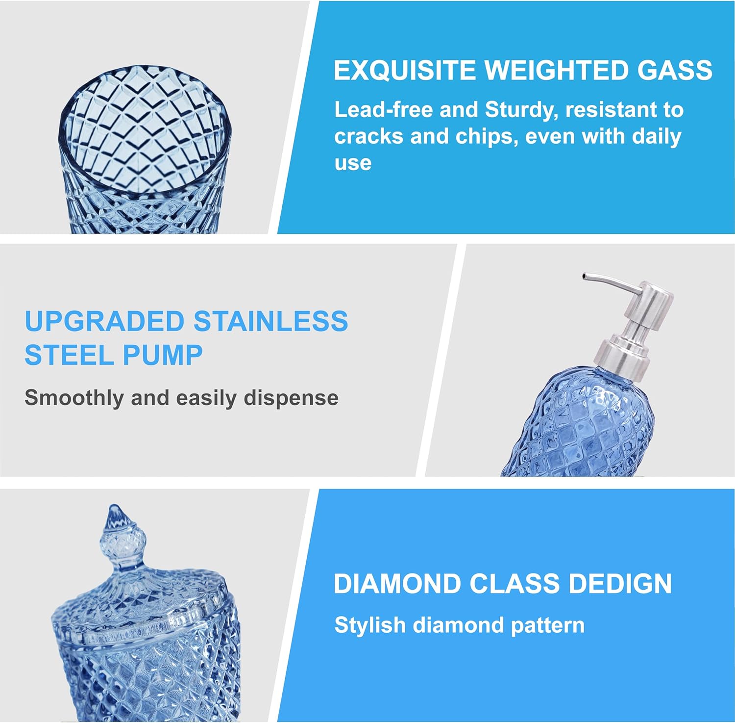 Crystal Glass Bathroom Accessories Set, 9 Pcs Blue Lotion Dispenser Set, Soap Dish, Toothbrush Holder, Tumbler, Cotton Swab Jars, Vintage Bathroom Decor and Crystal Glass Gift Set