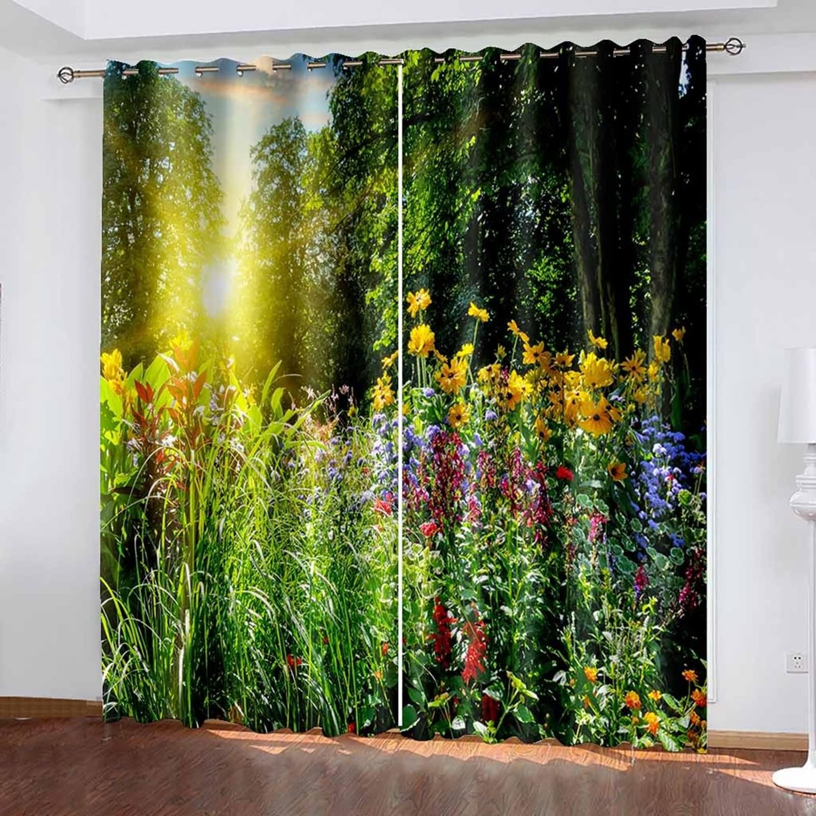 Czeska zasłona okienna, zasłona do salonu zielona żółta roślina drzewo i kwiaty poliester 2 panele 192 x 183 cm