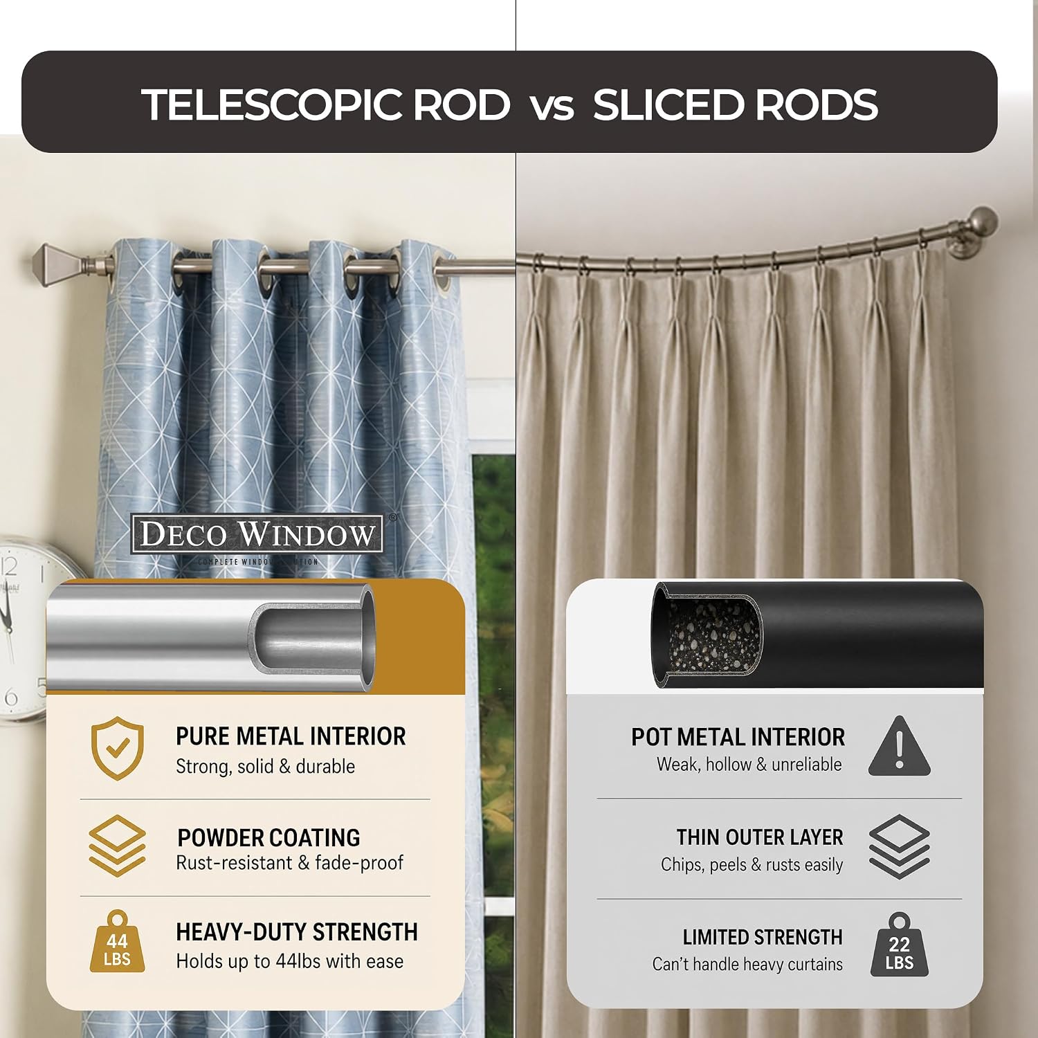 DECO WINDOW Curtain Rods for Windows 44 – 120 Inch, 3/4 Inch Heavy Duty Extendable Metal Drapery Rod, Adjustable Curtain Rod with Decorative Pyramid Finials for Living Room Bedroom, Satin Silver