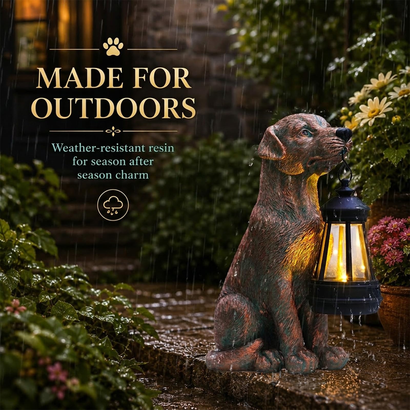 Yeomoo Statuetta a forma di cane con lanterna solare, decorazione da giardino in resina, per esterni, rame