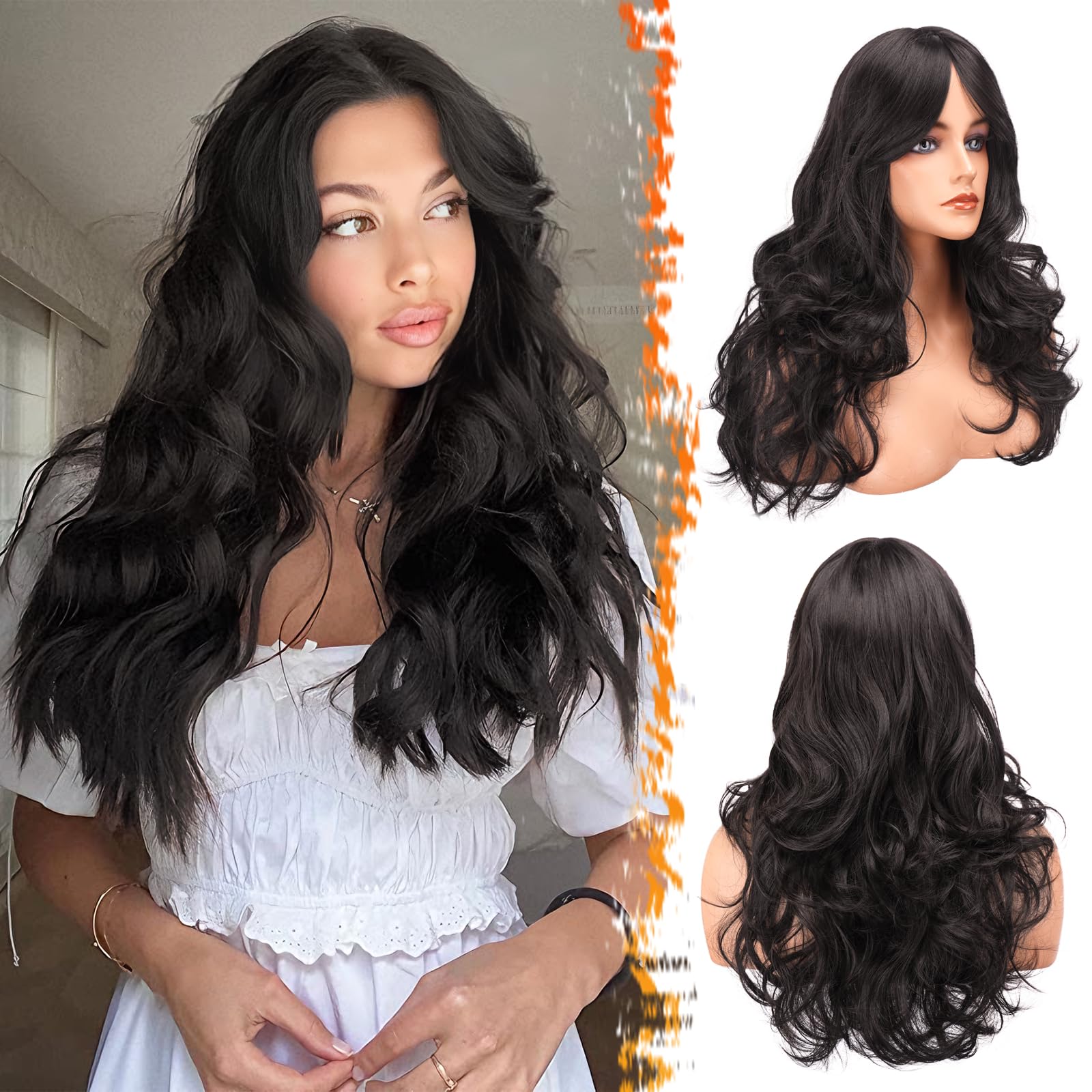 BARSDAR Long Wavy Brown Wig with Curtain Bangs - Wavy Dark Brown Layered Wigs for Women - Soft Synthetic Hair Long Layered Wig Natural Looking Daily