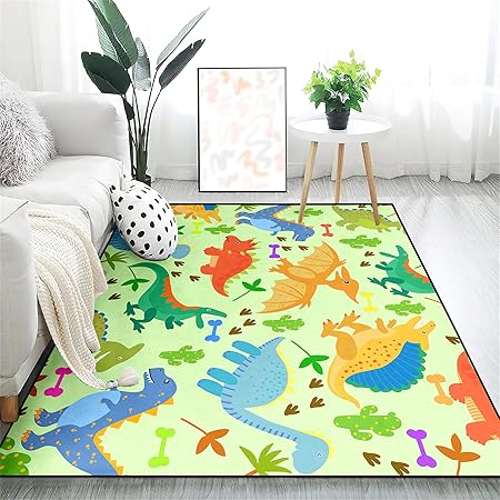 Cute Cartoon Dinosaurs Rugs for Kids Boys 3D Printed Area Rugs for Boys Bedroom Home Decor Large Dinosaur Play Rugs, Crystal Polyester Dinosaur Rug Mat for Playroom Living Room Kitchen, 3'×4'