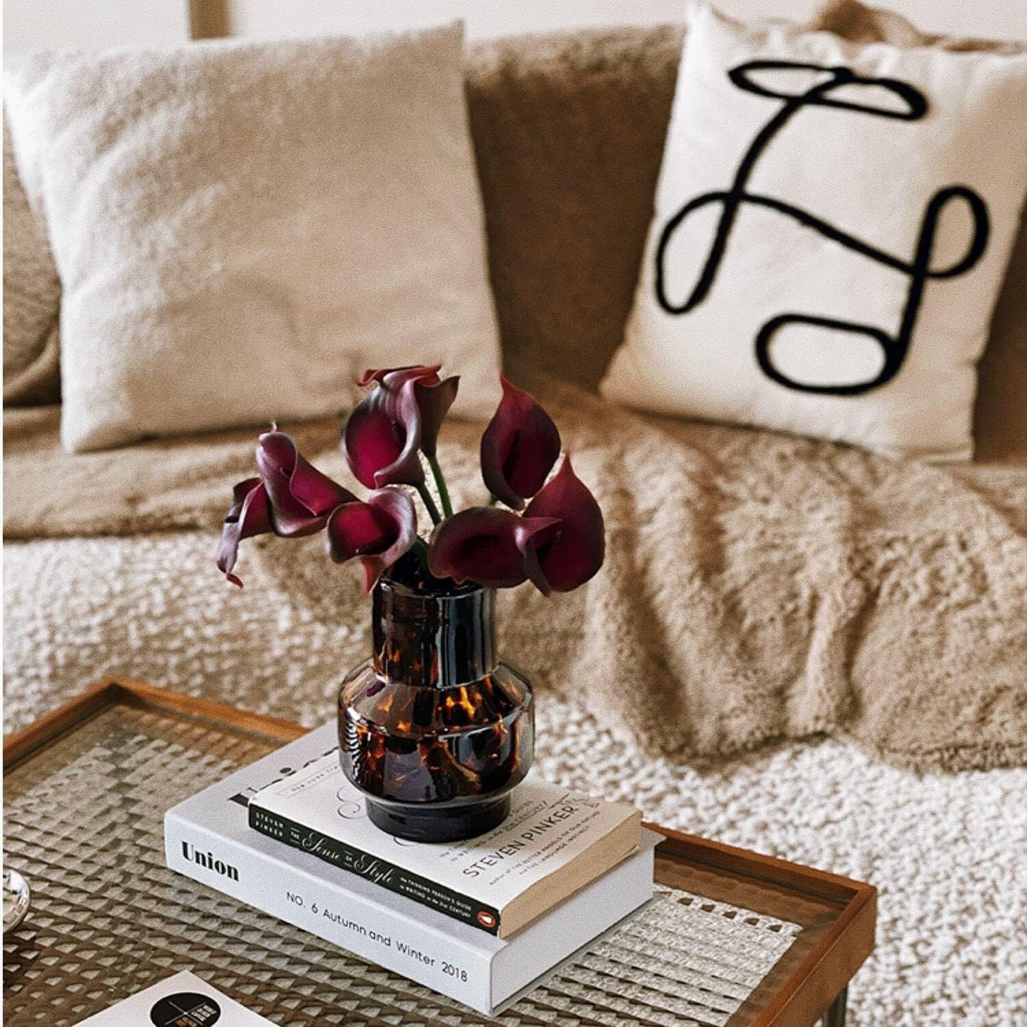 Amber Glass Vase, Decorative Flower Vases for Home Office Wedding Decor, Modern Unique Vase for Table Centerpiece Book Shelf Living Room Housewarming Gift, Tortoise Shell Decor