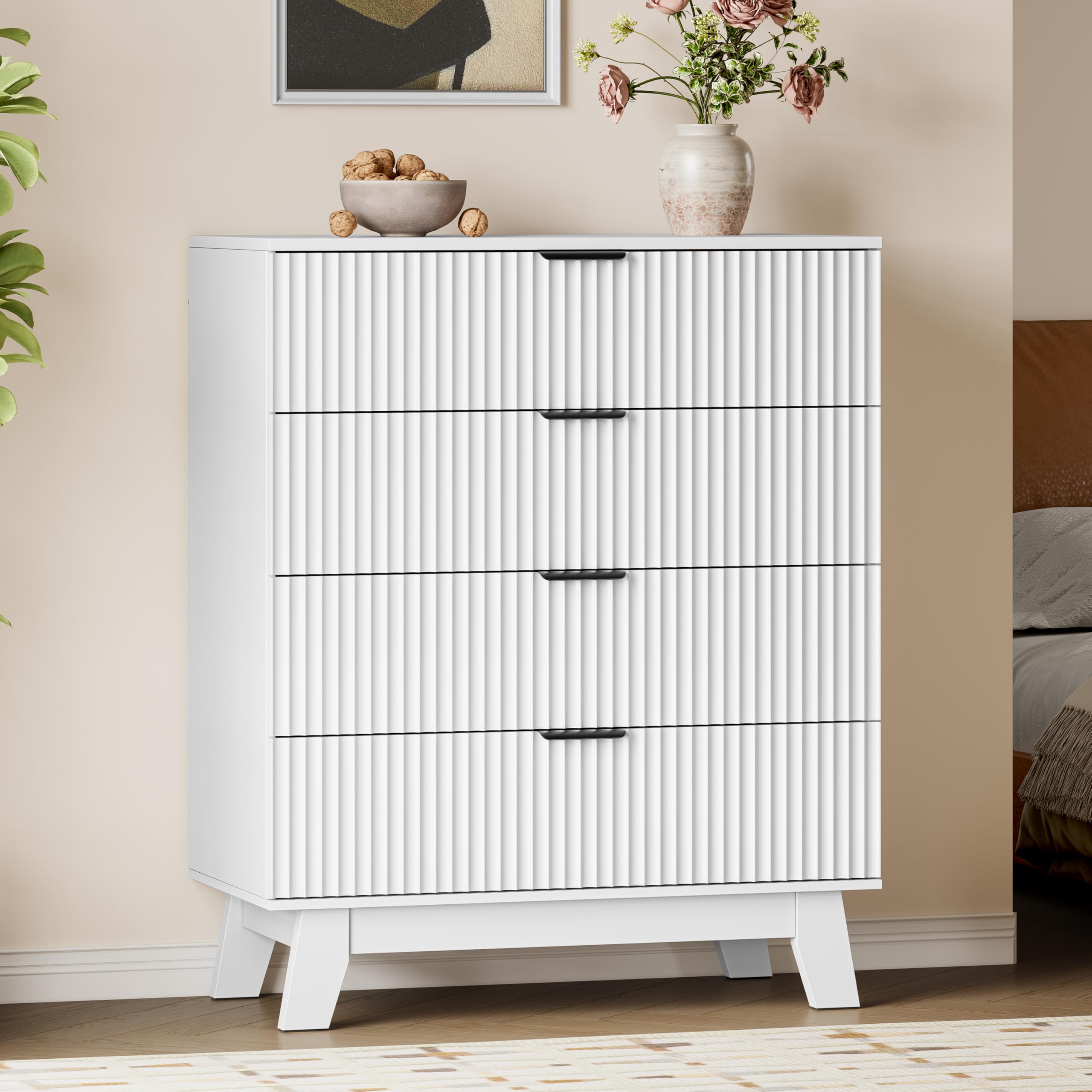 BORNOON 39" Tall Dresser for Bedroom, 4-Drawer Fluted Chest of Drawers, Modern Wood Highboy with Deep Storage, Metal Slides &amp; Handles, Anti-Tip Kit, Vertical Clothes Organizer for Apartment, Nursery